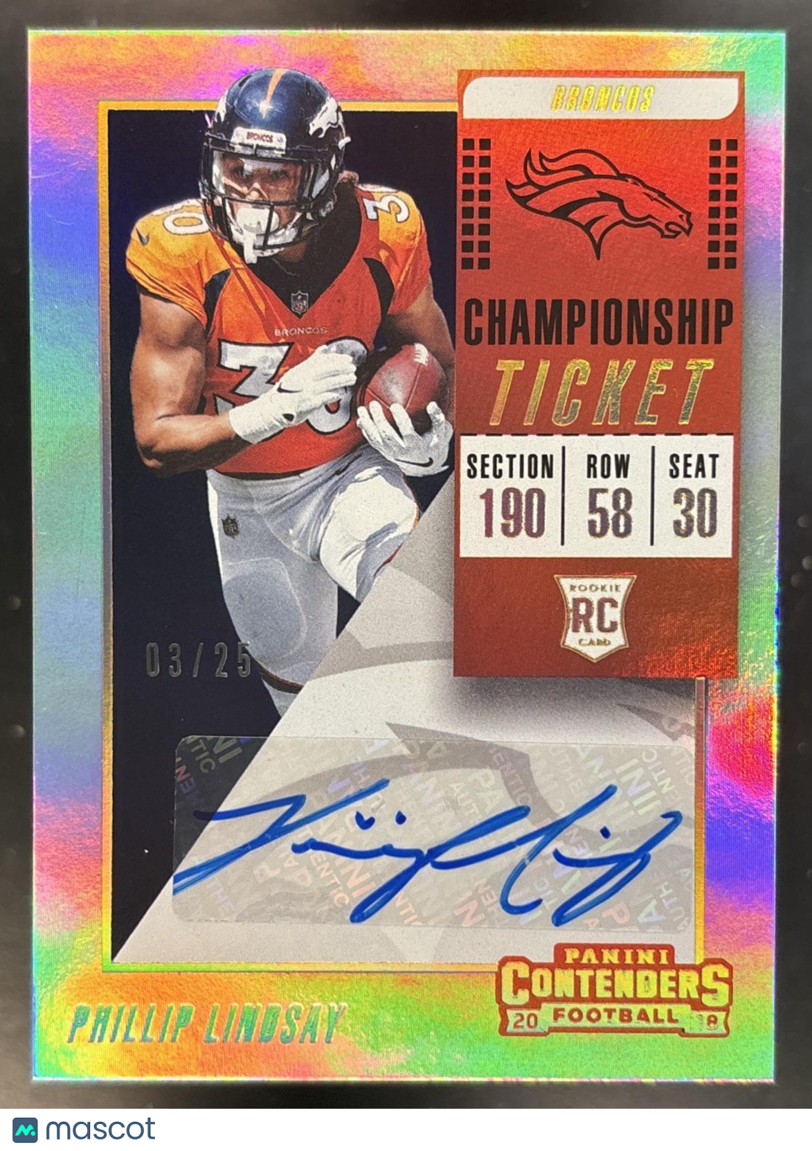 2018 Panini Contenders Phillip Lindsay Ticket Variation Auto /25 #339 RC Broncos