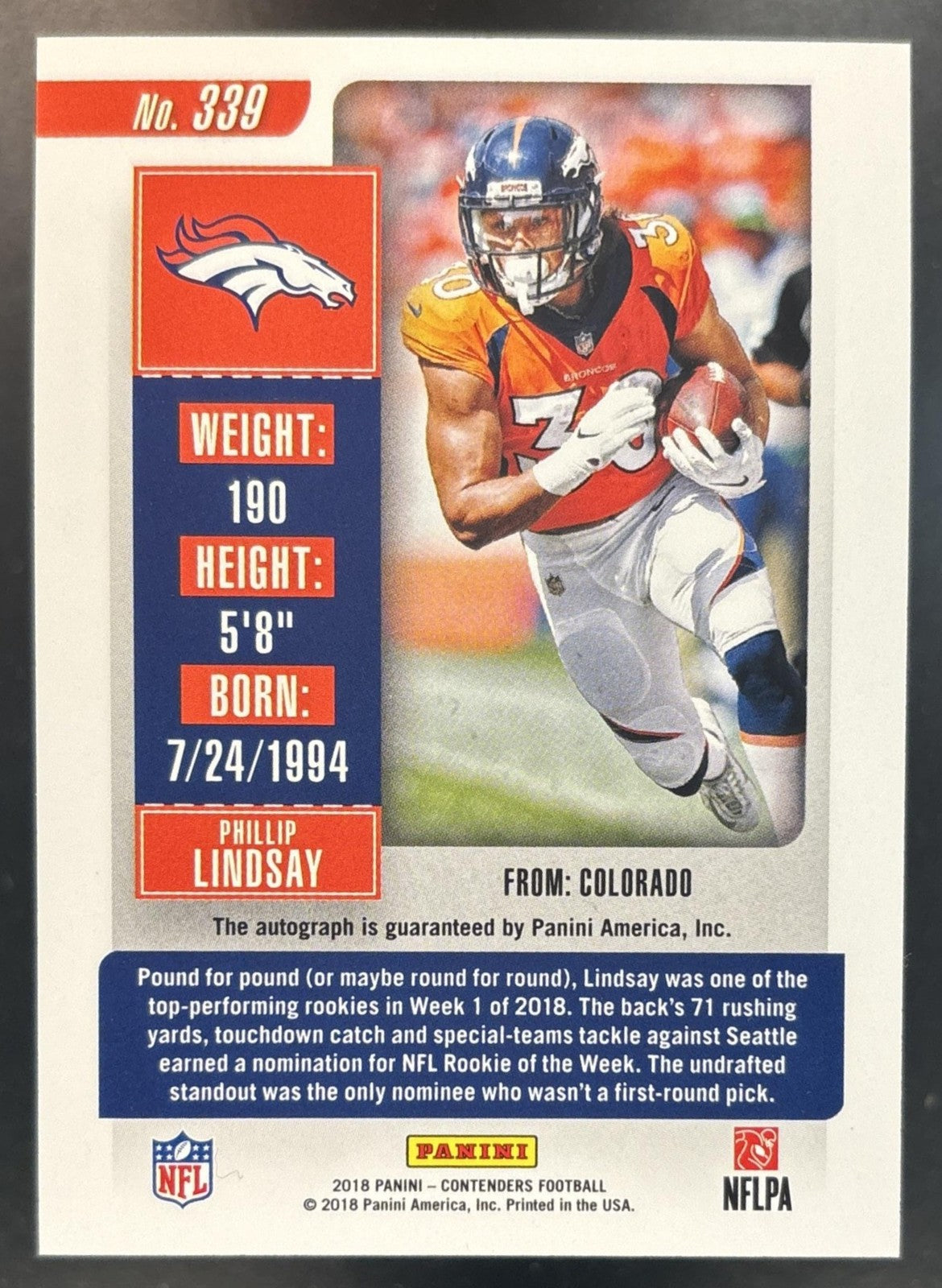 2018 Panini Contenders Phillip Lindsay Ticket Variation Auto /25 #339 RC Broncos