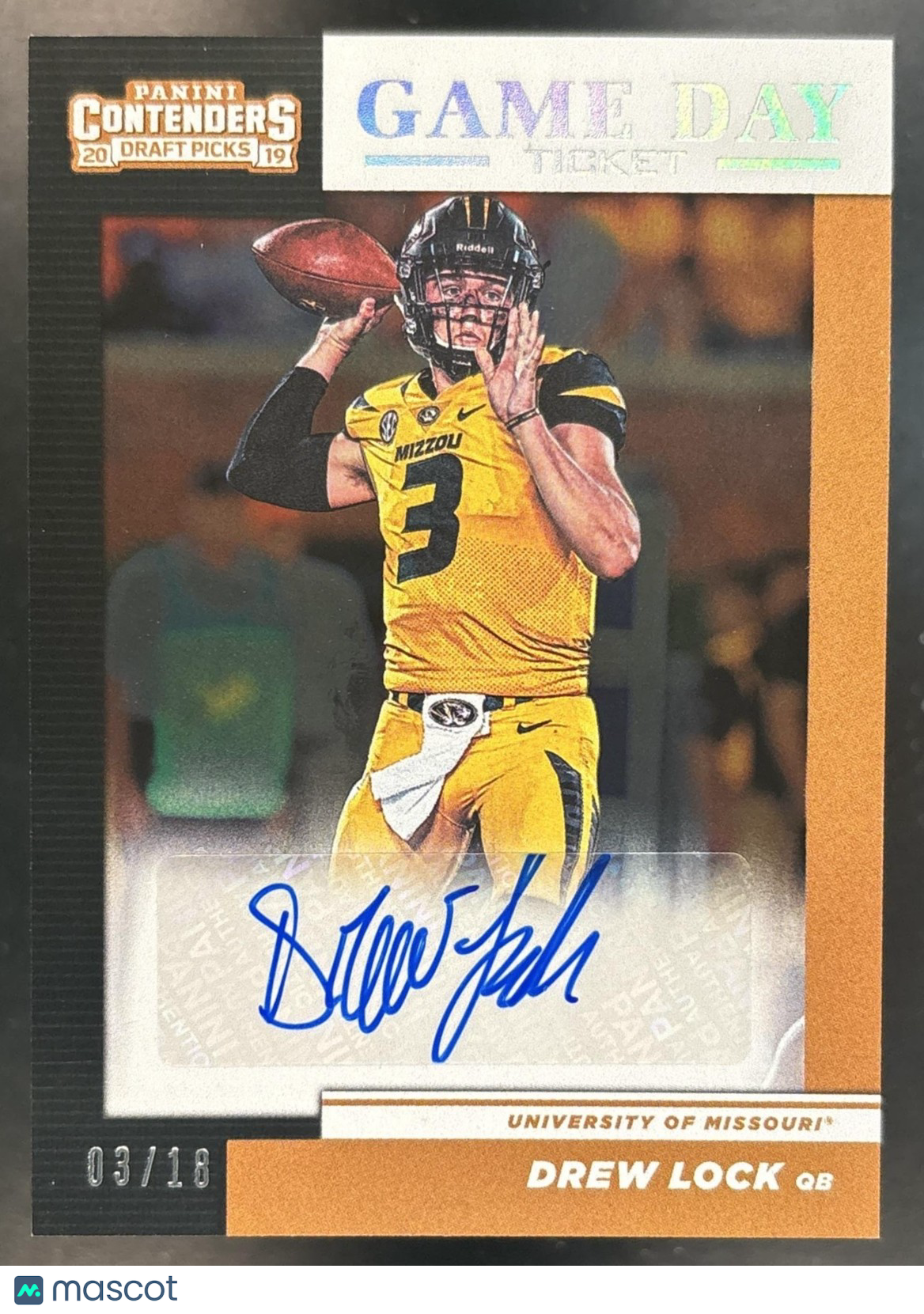 2019 Contenders Draft Picks Collegiate Drew Lock Signatures /18 #10 RC Auto