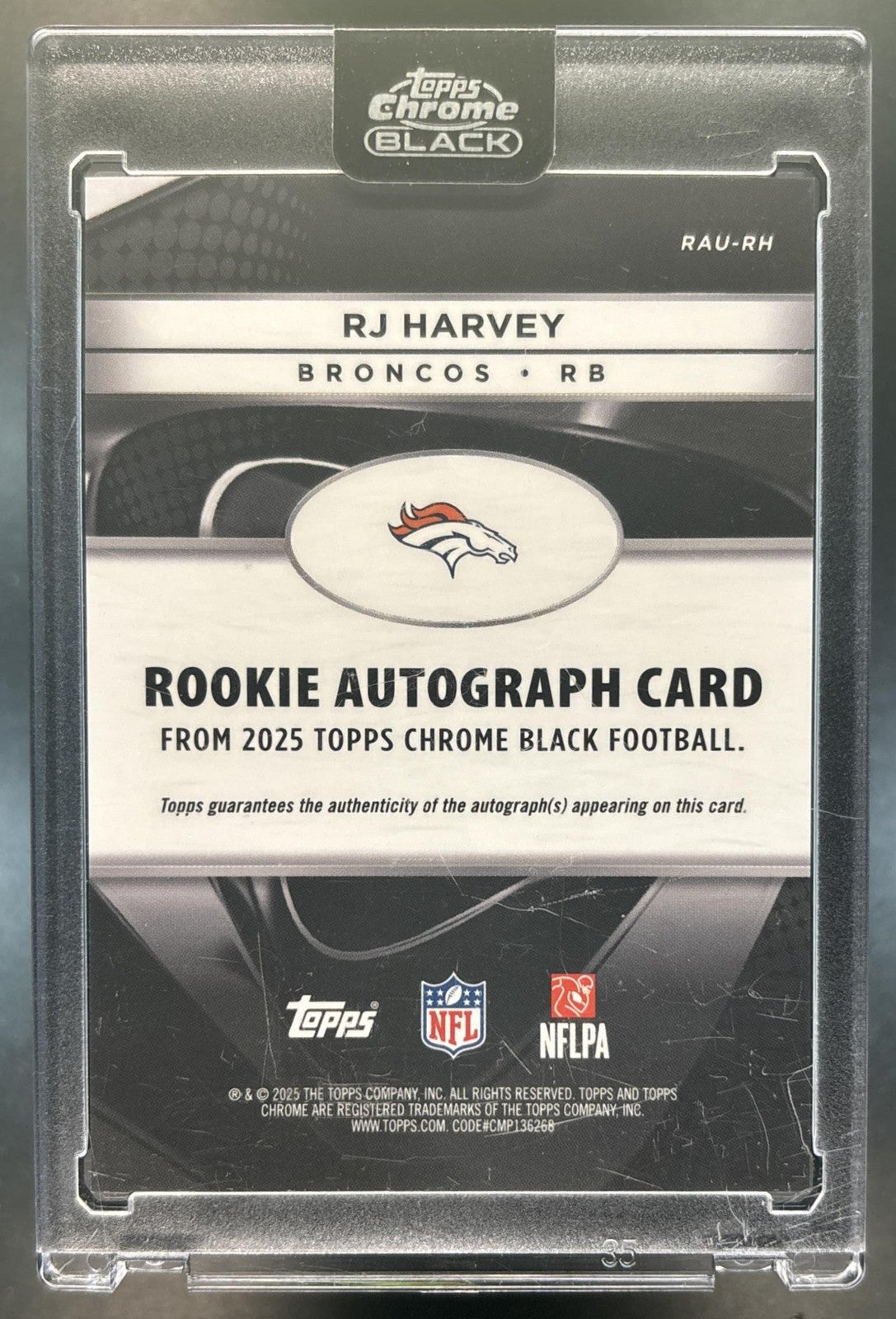 2025 Topps Chrome Black RJ Harvey Auto Gold Mini-Diamond /50 RC Denver Broncos
