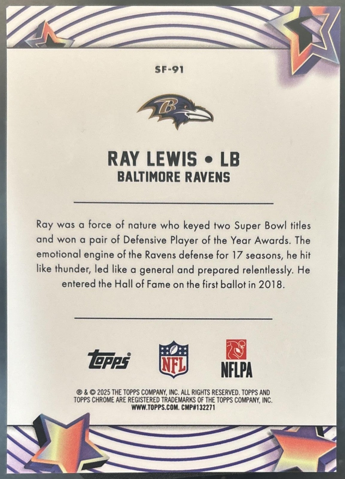2025 Topps Cosmic Chrome Ray Lewis Starfractor Orange /25 SP Baltimore Ravens