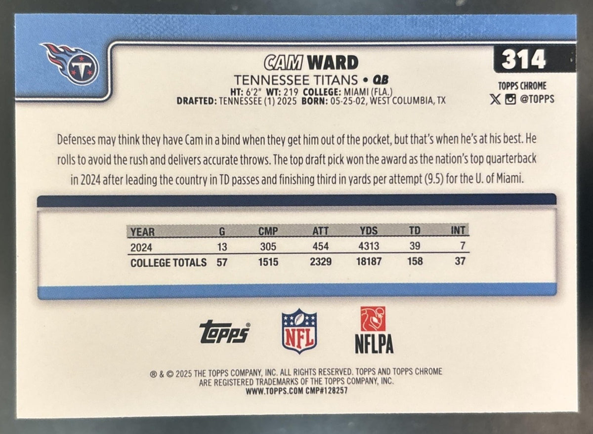 2025 Topps Chrome Cam Ward Rookie Neon Pulse Refractor #314 RC Tennessee Titans