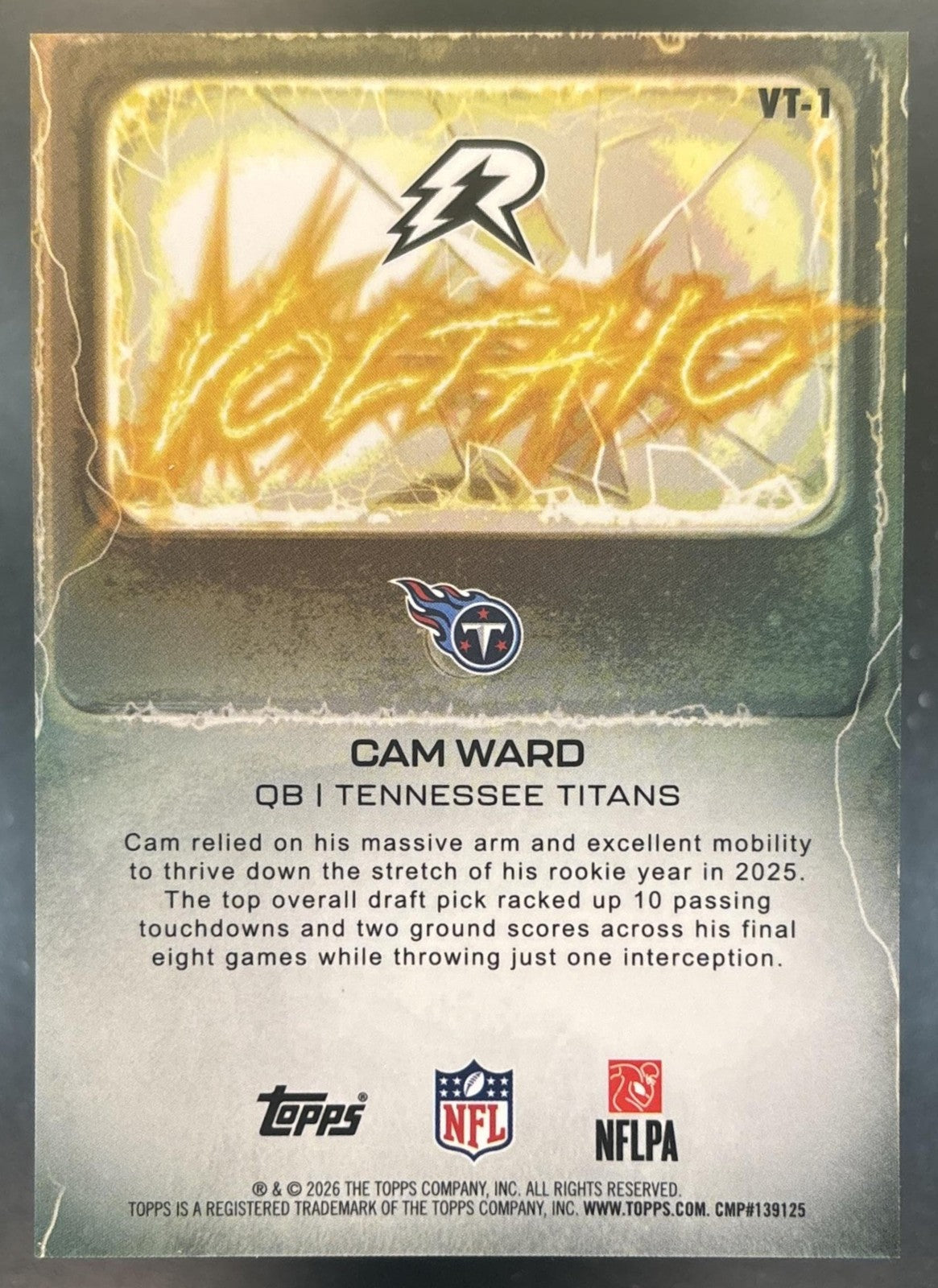 2025 Topps Resurgence Cam Ward Voltaic Gold Power Surge /50 RC Tennessee Titans