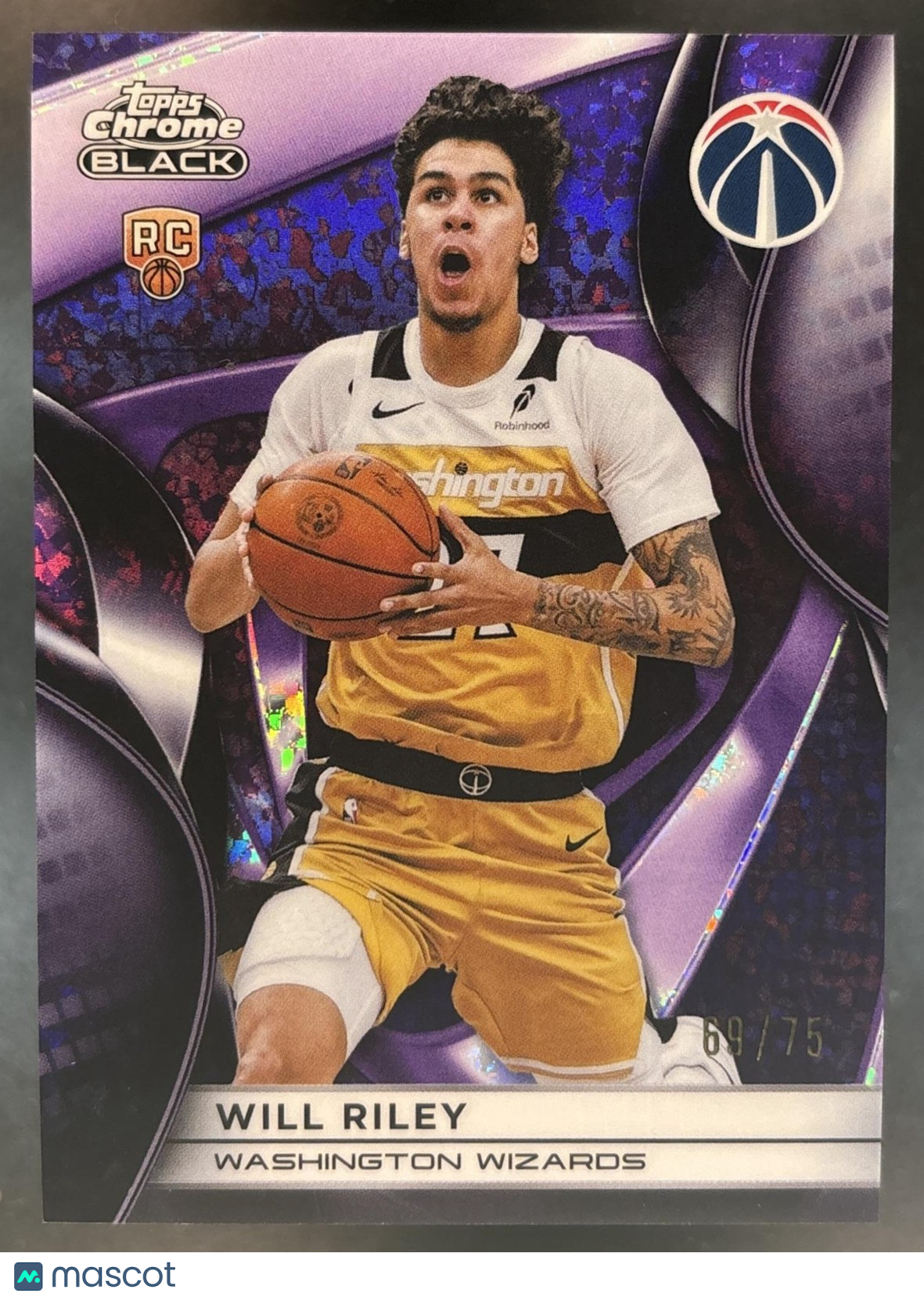 2025-26 Topps Chrome Black Will Riley Purple /75 #121 RC Washington Wizards