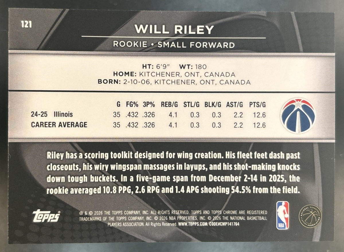 2025-26 Topps Chrome Black Will Riley Purple /75 #121 RC Washington Wizards