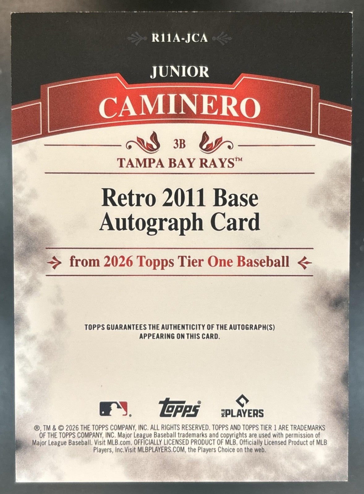 2026 Topps Tier One Junior Caminero Retro 2011 Auto Red /25 Tampa Bay Rays