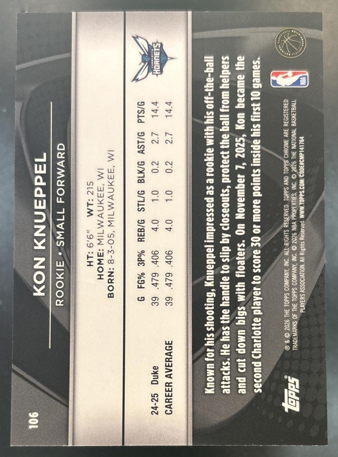 2025-26 Topps Chrome Black Kon Knueppel Blue Wave /150 #106 RC Charlotte Hornets