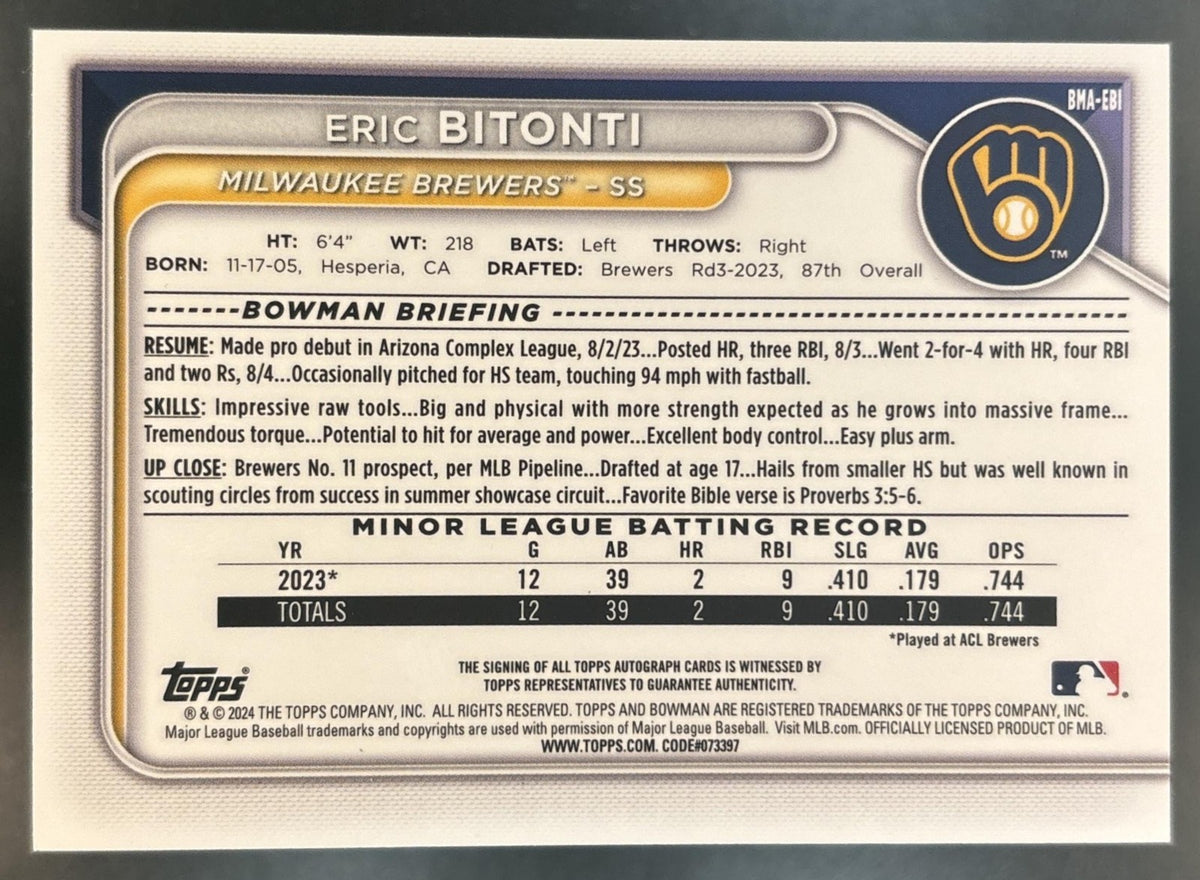 2024 Bowman Mega Box Eric Bitonti Prospect Auto Mojo Refractor Milwaukee Brewers