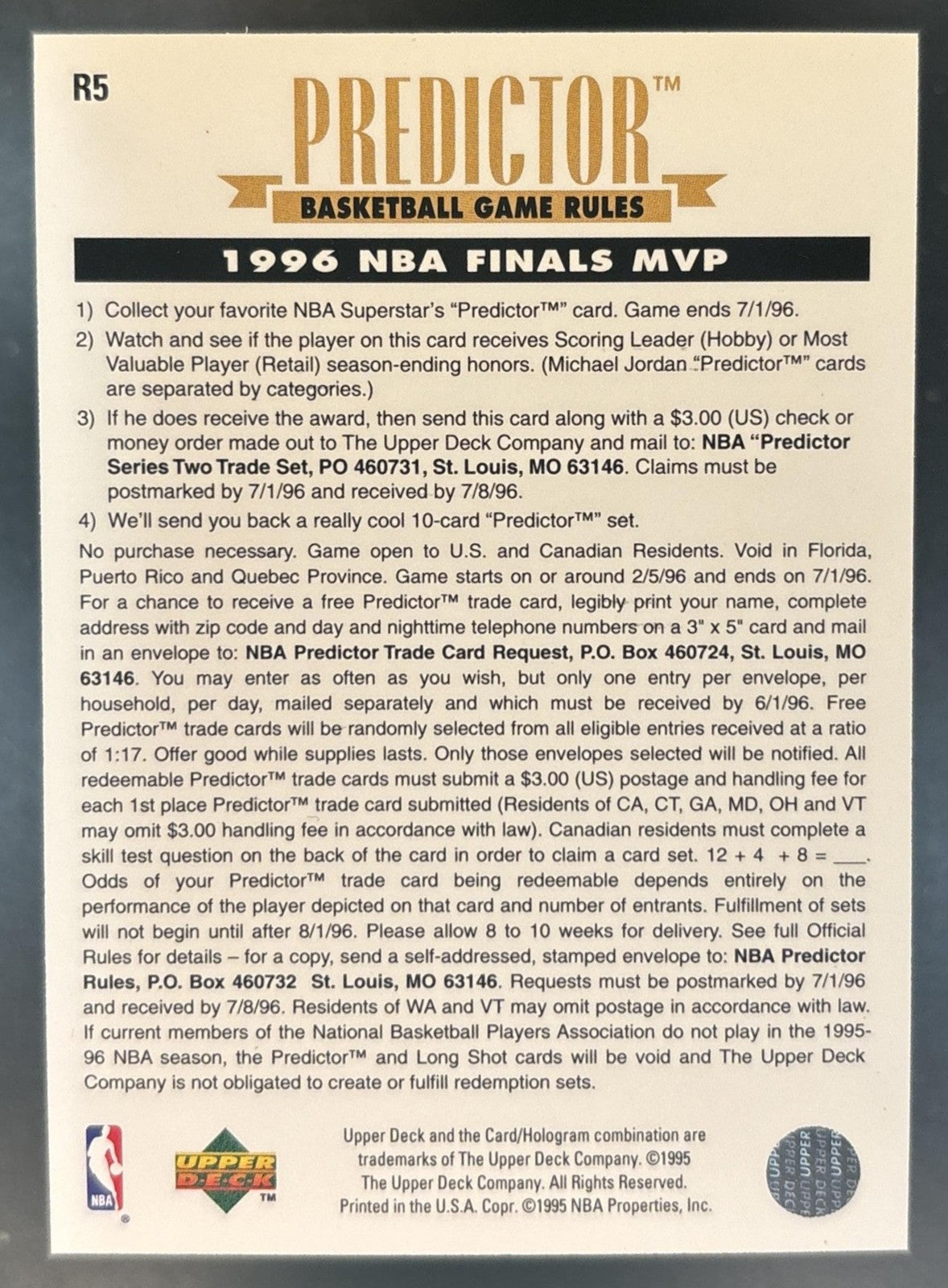 1995-96 Upper Deck Michael Jordan Predictors Exchange: MVP #R5 Chicago Bulls
