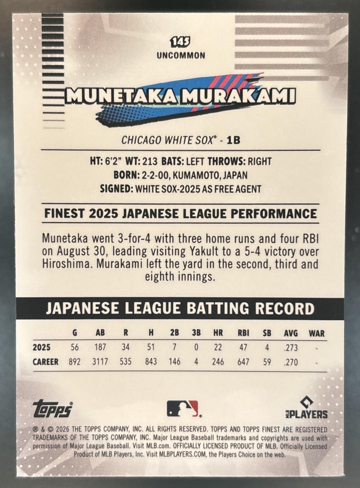 2026 Topps Finest Munetaka Murakami Yellow Refractor /275 #145 RC White Sox