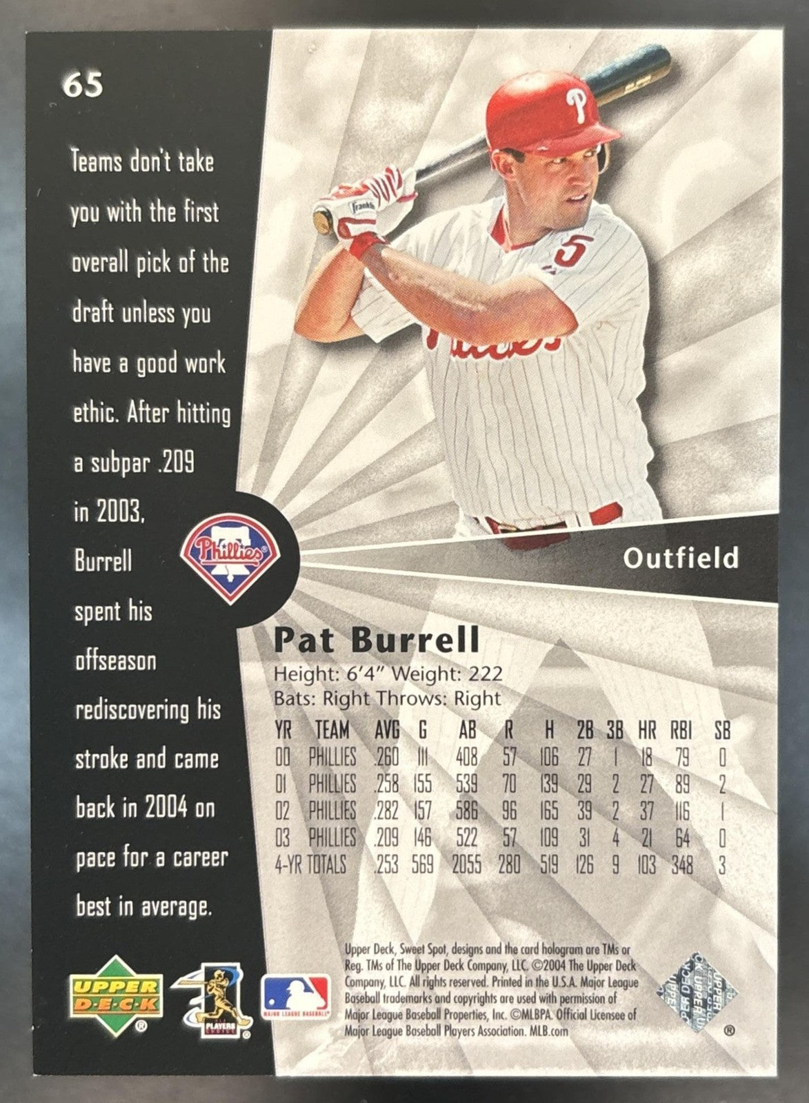 2004 Upper Deck Sweet Spot Pat Burrell Wood /99 #65 Philadelphia Phillies