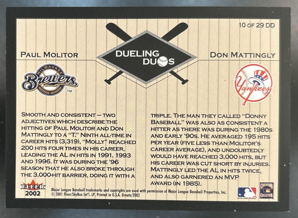 2002 Fleer Greats of the Game Paul Molitor Don Mattingly Dueling Duos