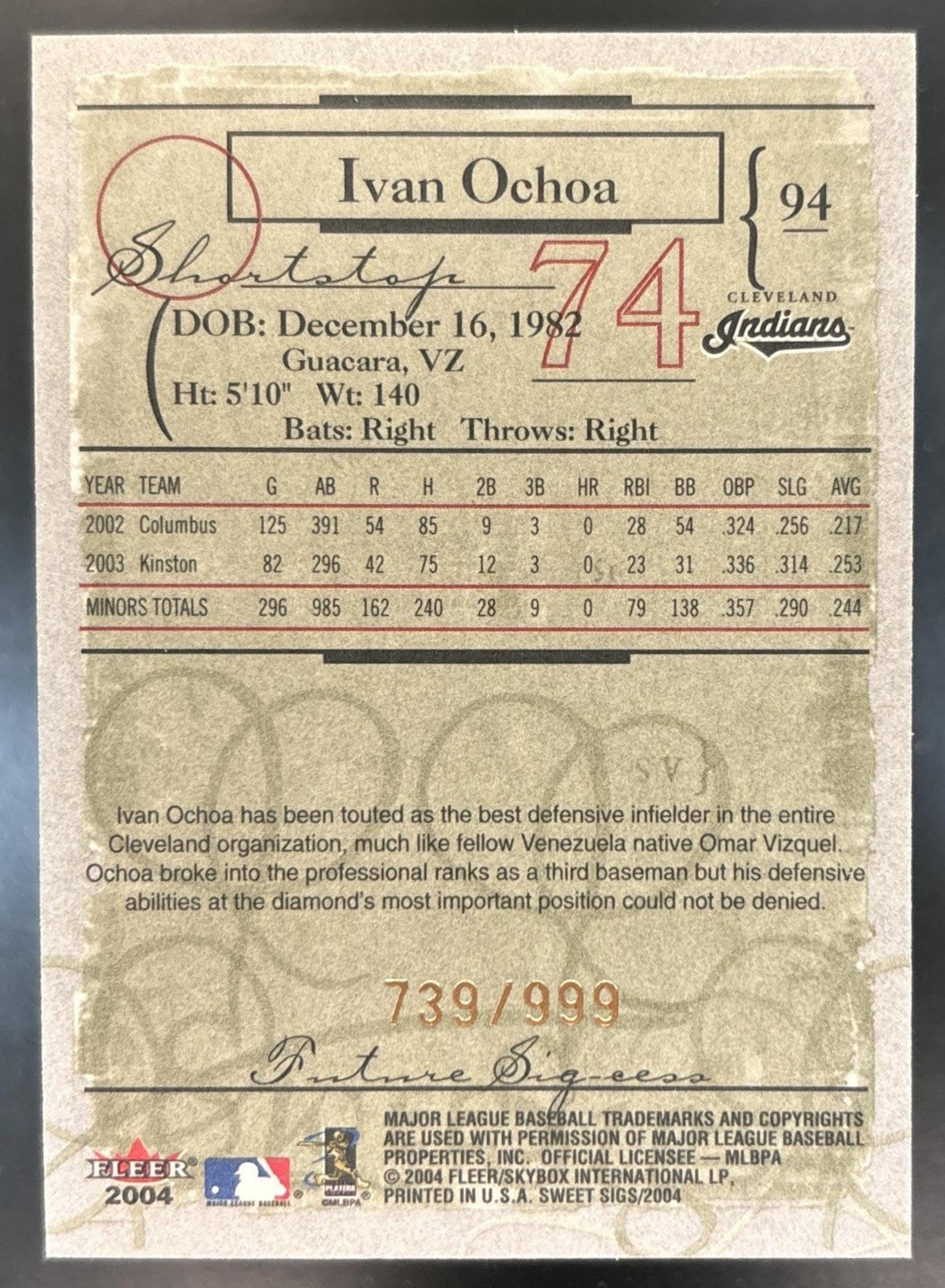 2004 Fleer Sweet Sigs Ivan Ochoa /999 #94 RC Cleveland Indians