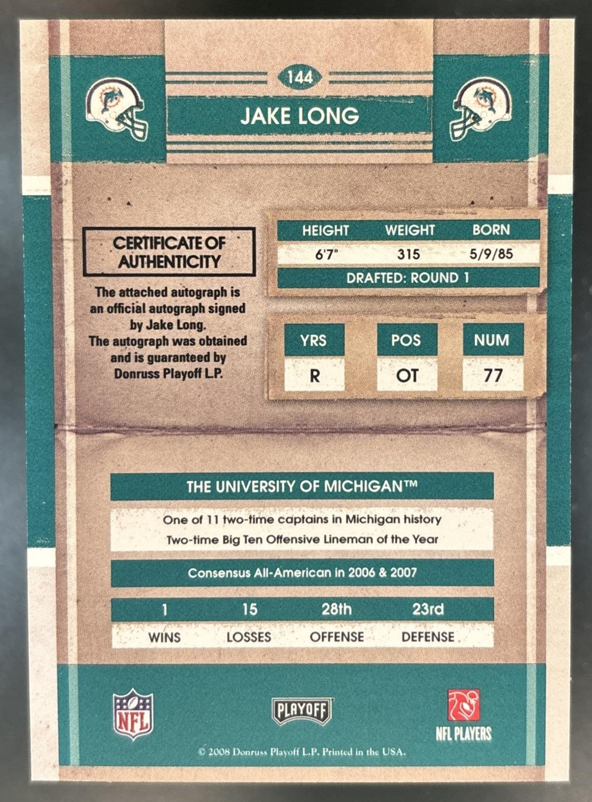2008 Playoff Contenders Jake Long #144 RC Auto Miami Dolphins