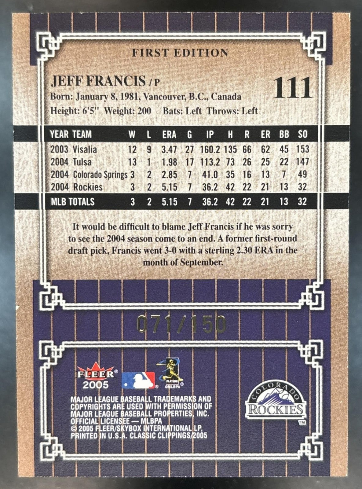 2005 Fleer Classic Clippings Jeff Francis First Edition /150 #111 Rockies
