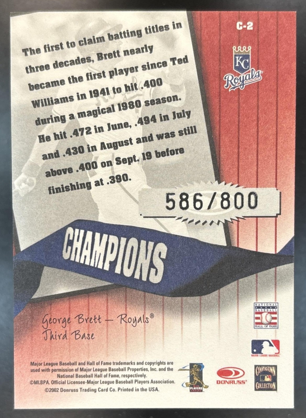 2002 Donruss Originals George Brett Champions /800 #C-2 Kansas City Royals