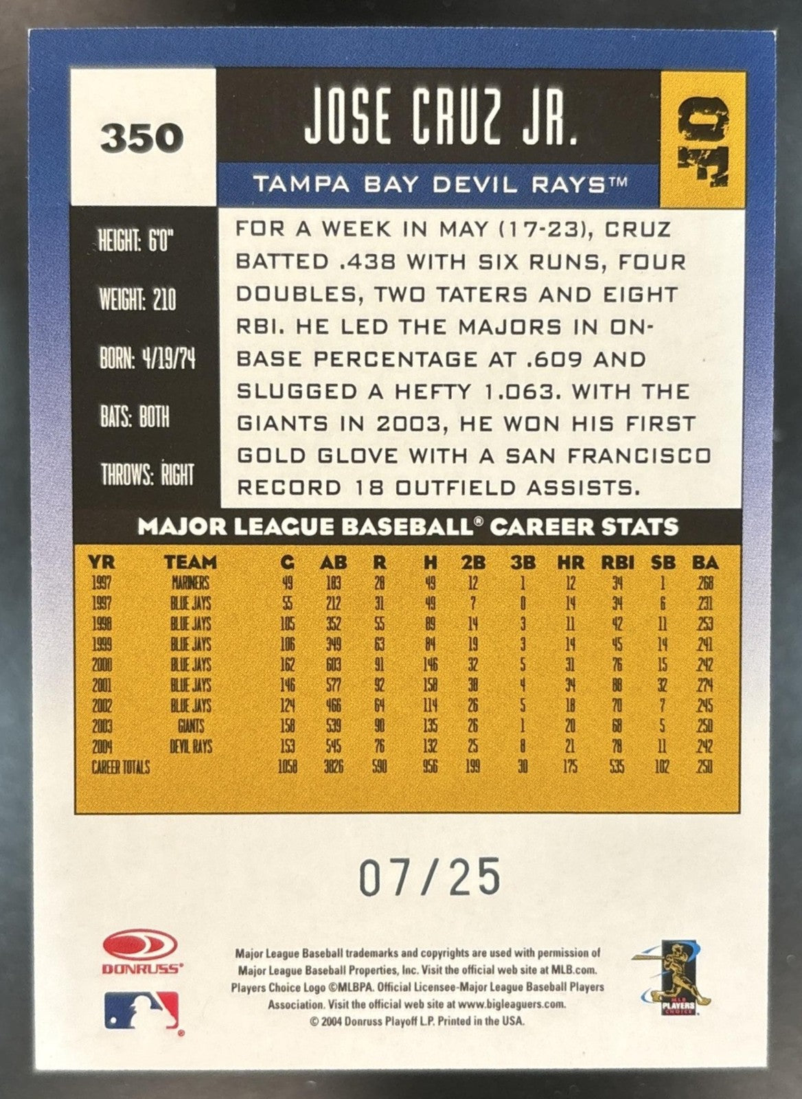 2005 Donruss Jose Cruz Jr. Press Proofs Gold /25 #350