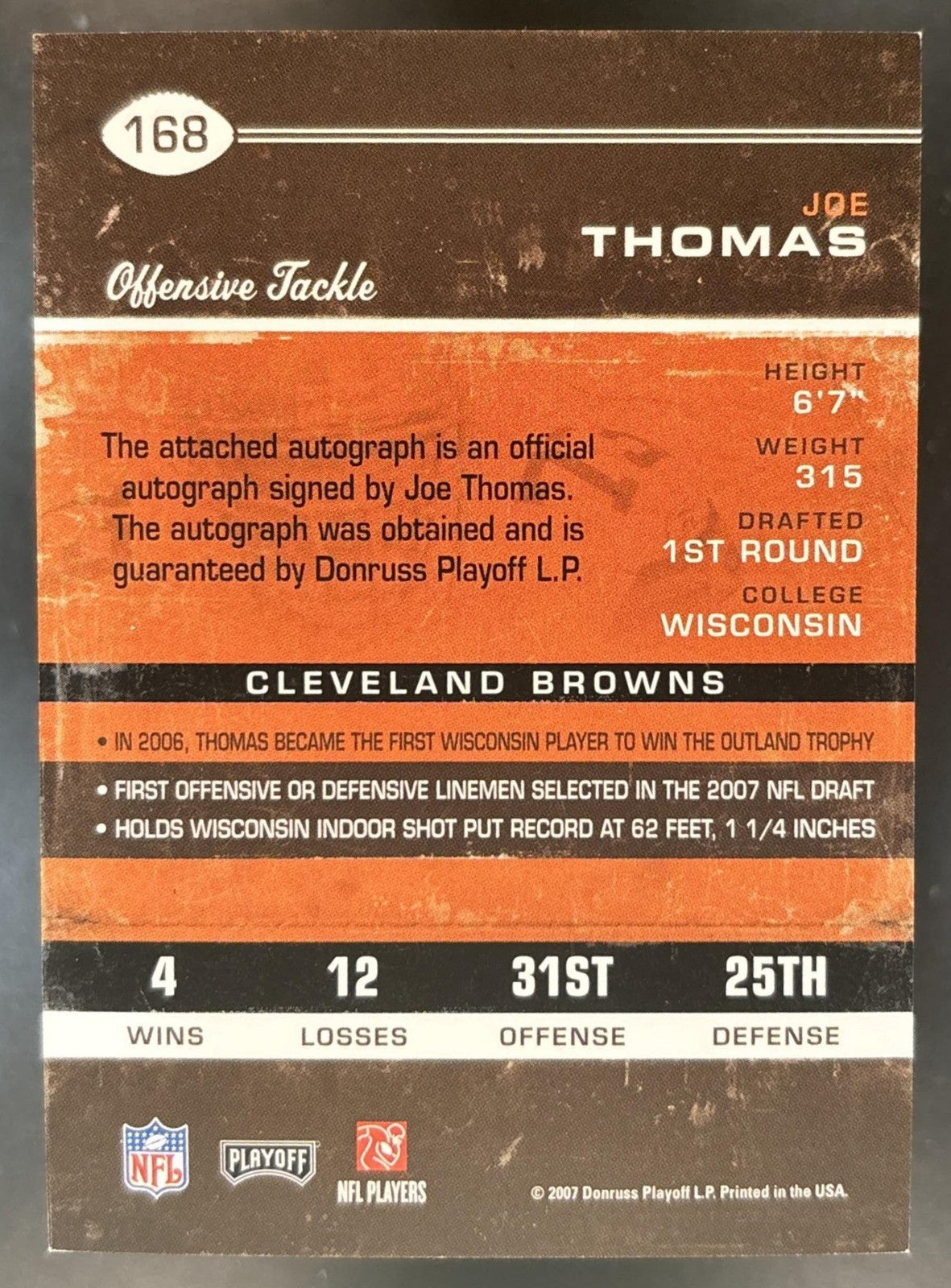 2007 Playoff Contenders Joe Thomas #168 RC Rookie Ticket Auto Cleveland Browns