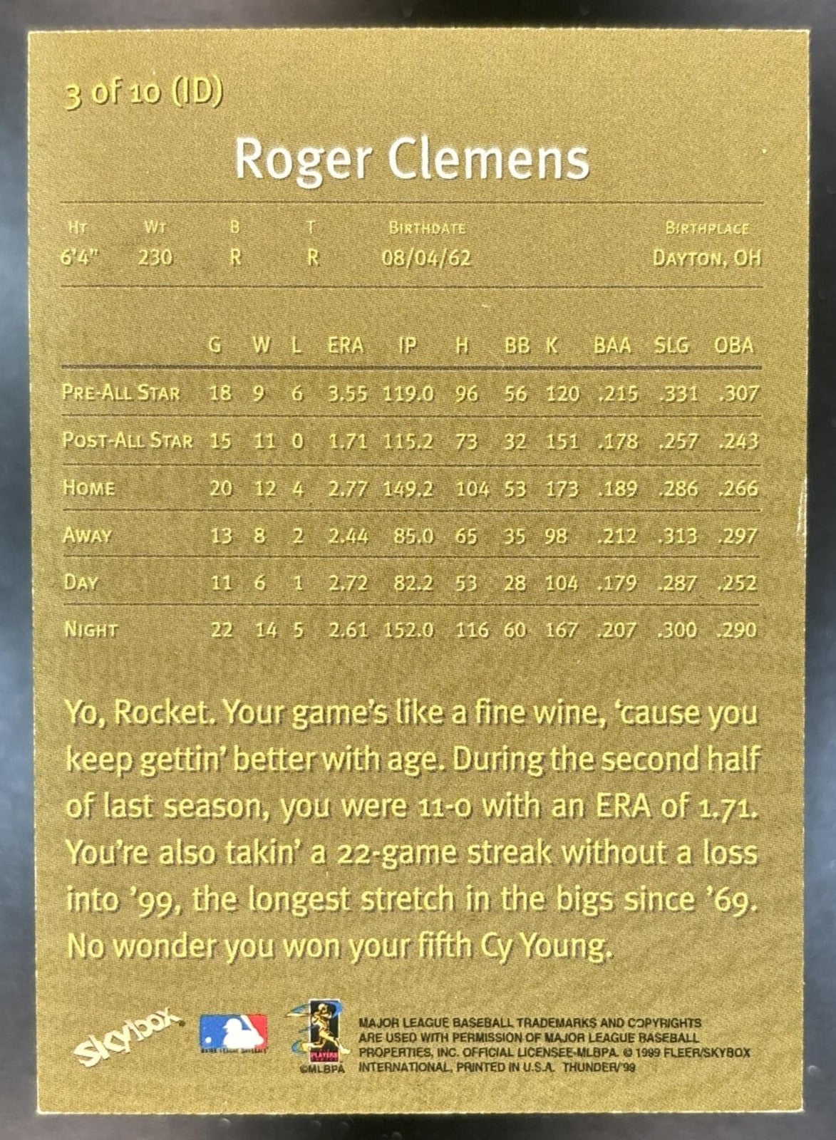 1999 Skybox Thunder Roger Clemens In Depth #3 ID Toronto Blue Jays