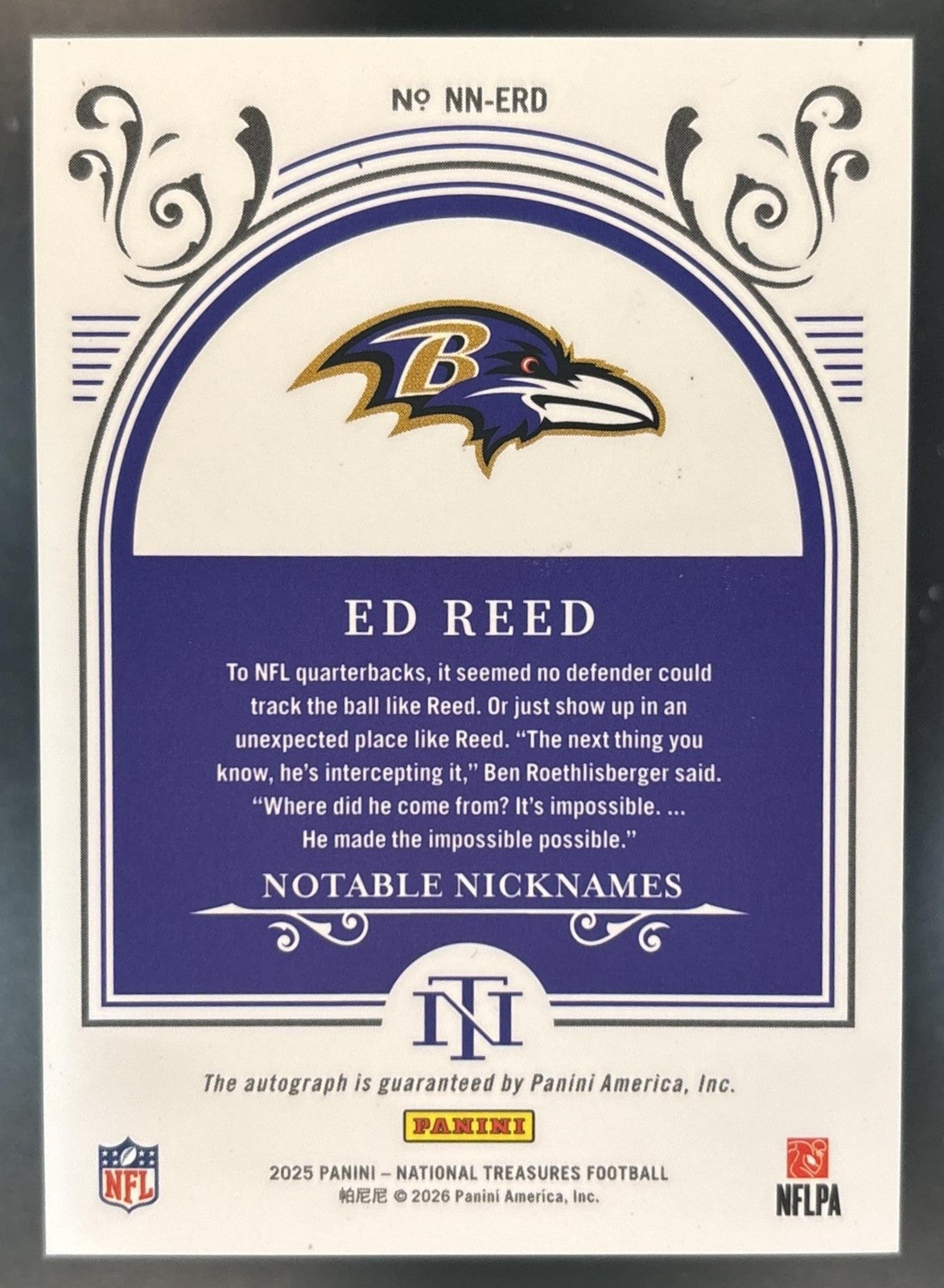2025 National Treasures Ed Reed Notable Nicknames Auto /25 Baltimore Ravens