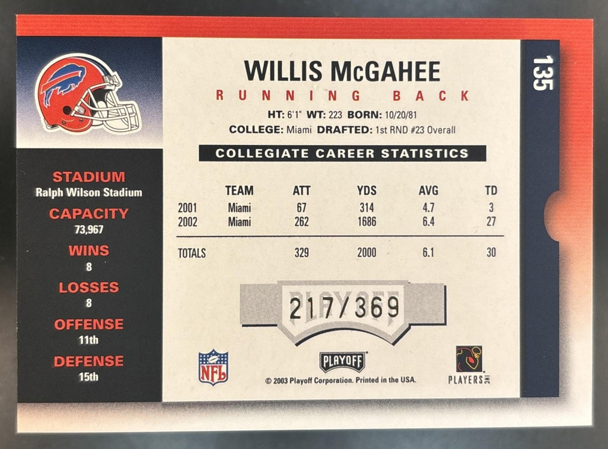 2003 Playoff Contenders Willis McGahee Auto /369 #135 RC Buffalo Bills