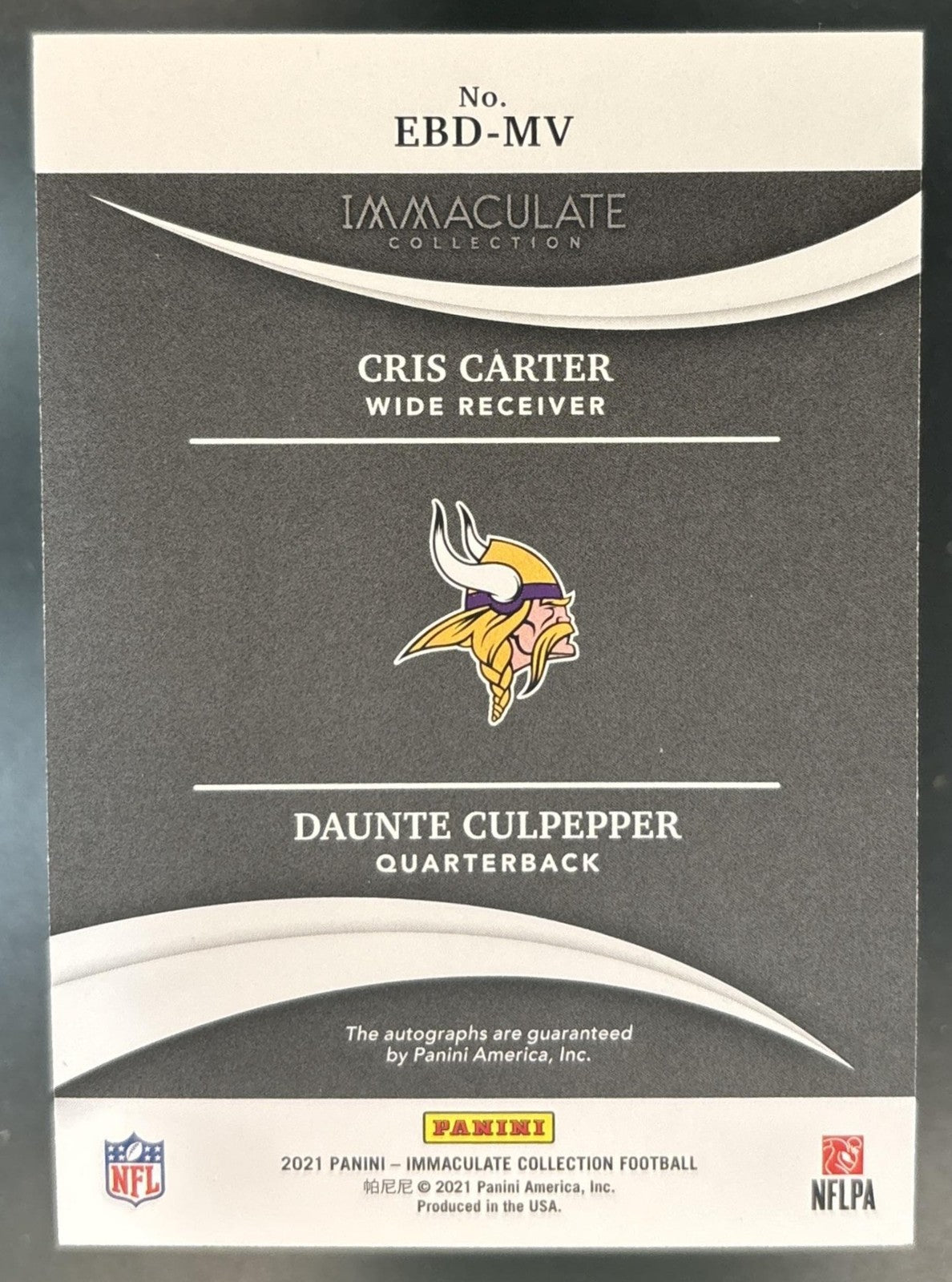 2021 Immaculate Cris Carter Daunte Culpepper Eye Black Duals /10 Auto Vikings