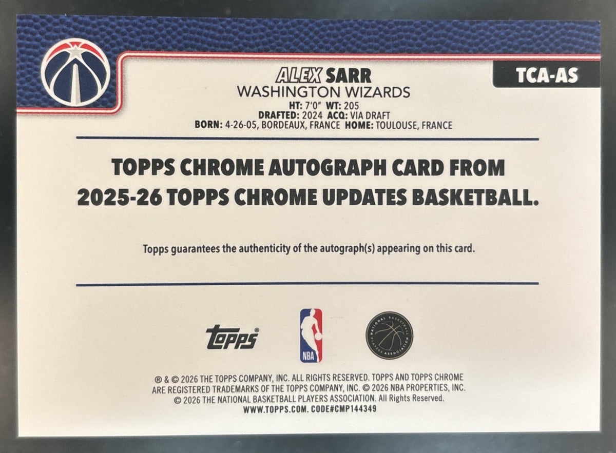2025-26 Topps Chrome Update Alex Sarr Auto Blue /150 #TCA-AS Washington Wizards