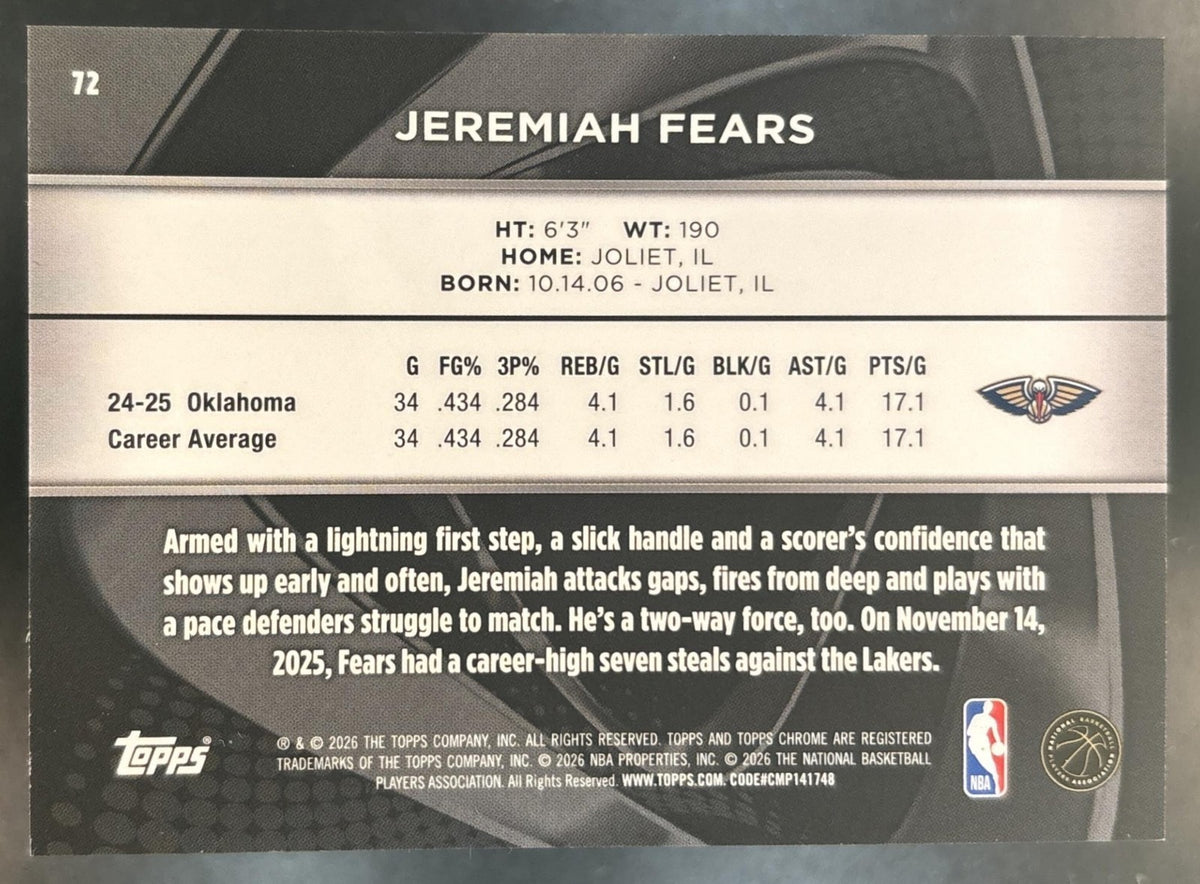 2025-26 Topps Chrome Black Jeremiah Fears Blue /150 #72 RC New Orleans Pelicans