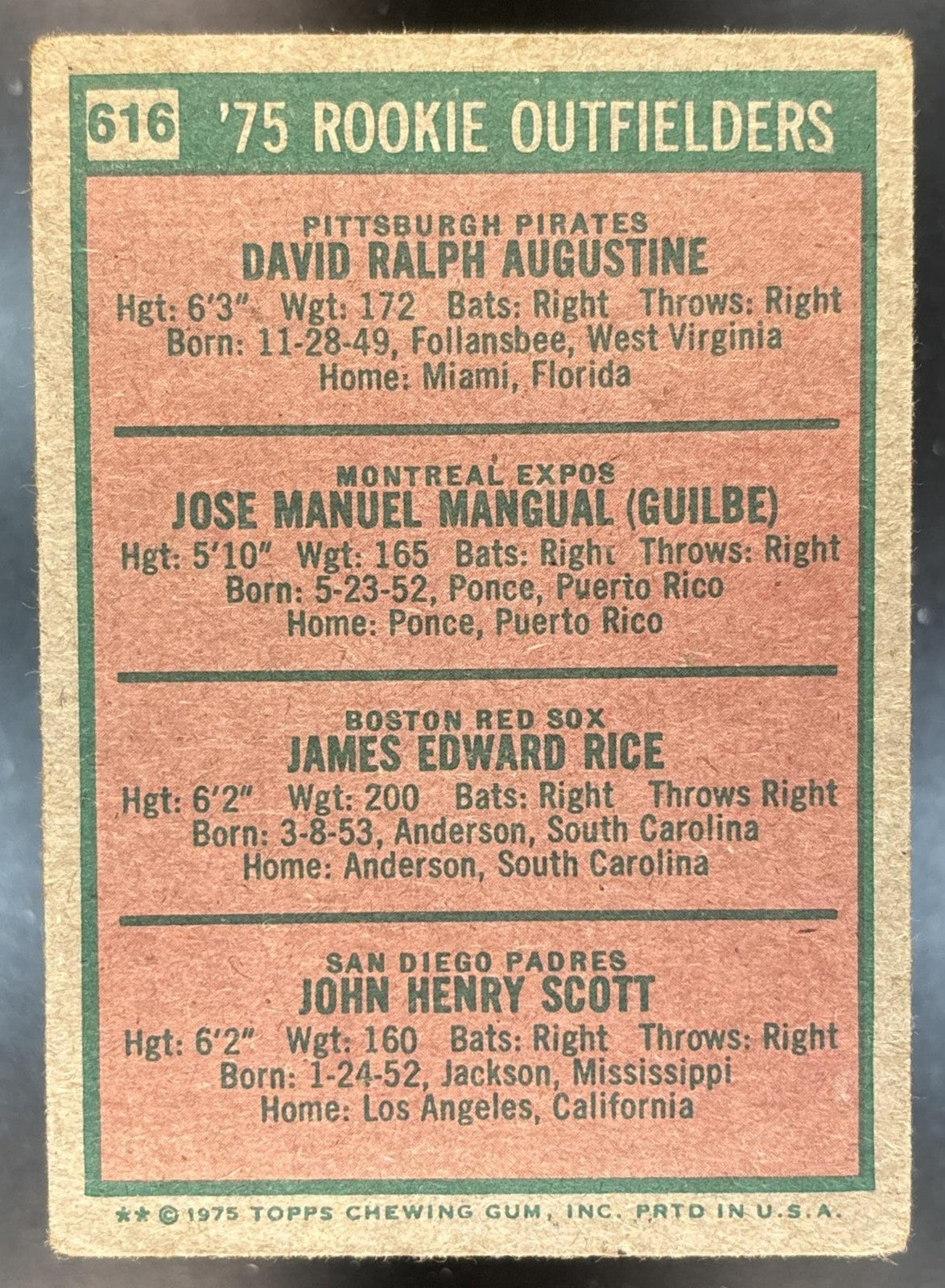 1975 Topps Outfielders Dave Augustine Pepe Mangual Jim Rice John Scott #616 RC