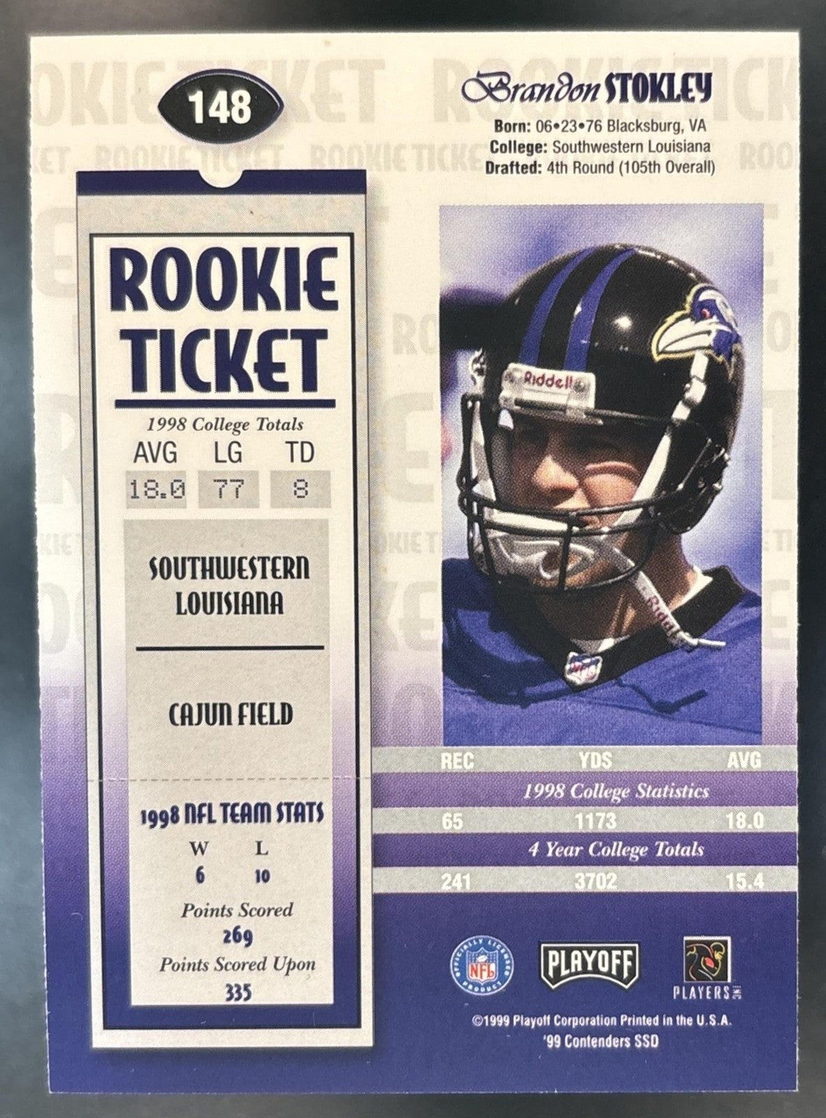 1999 Playoff Contenders SSD Brandon Stokley #148 RC Auto Baltimore Ravens