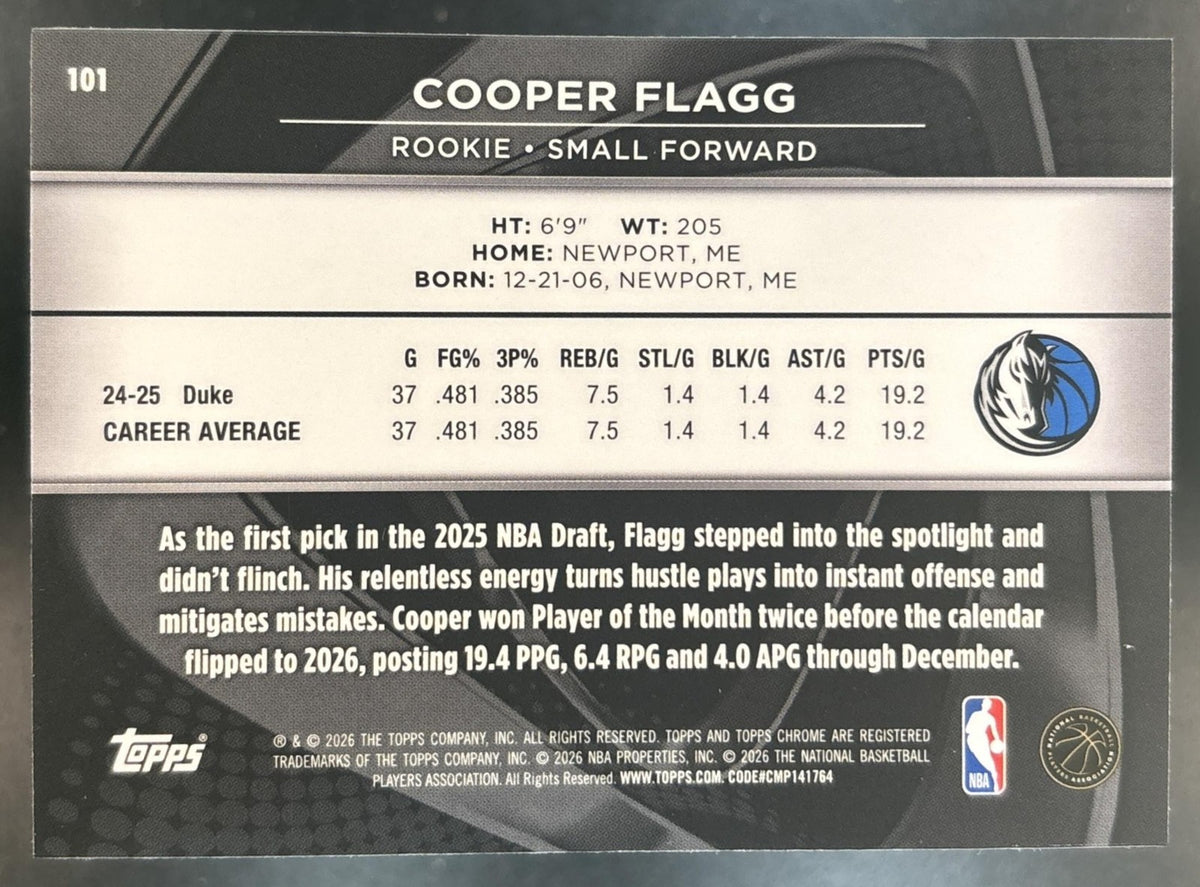 2025-26 Topps Chrome Black Cooper Flagg #101 RC Dallas Mavericks