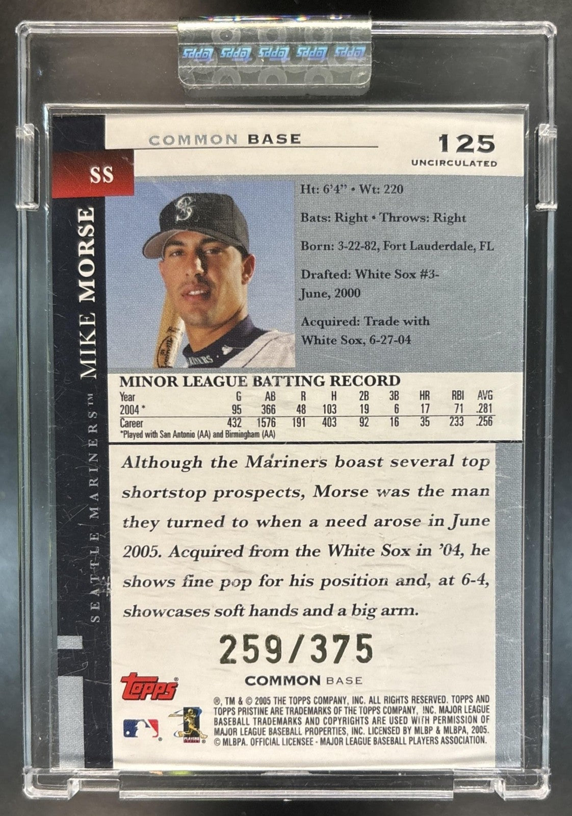 2005 Topps Pristine Mike Morse Uncirculated Bronze /375 #125 RC Seattle Mariners