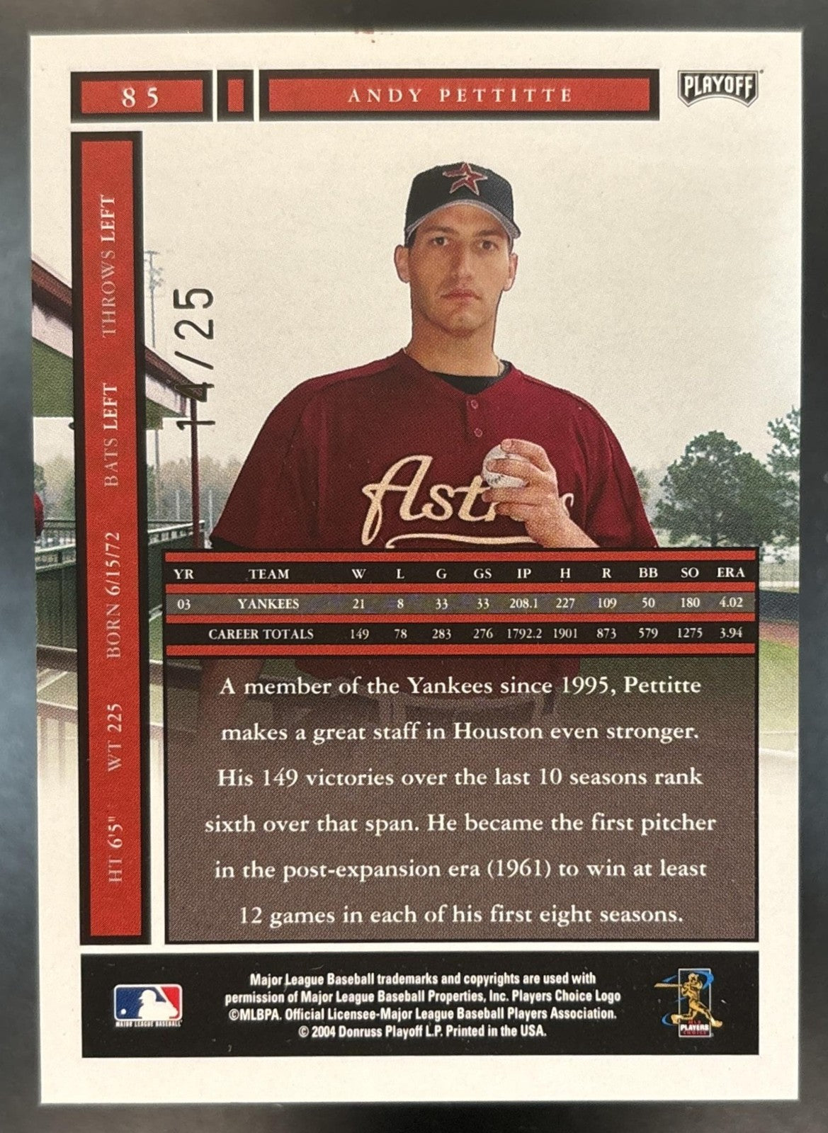 2004 Playoff Honors Andy Pettitte Credits Gold /25 #85 Houston Astros