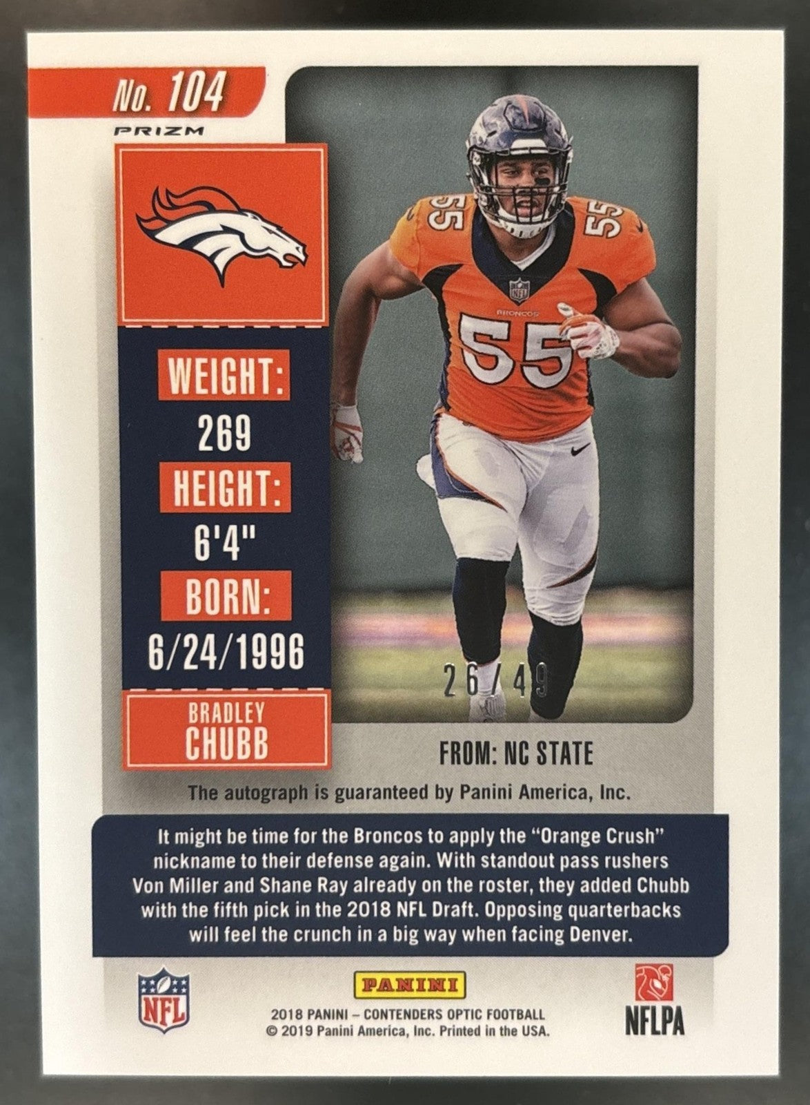 2018 Contenders Optic Bradley Chubb Orange /49 #104 RPS Auto RC Denver Broncos