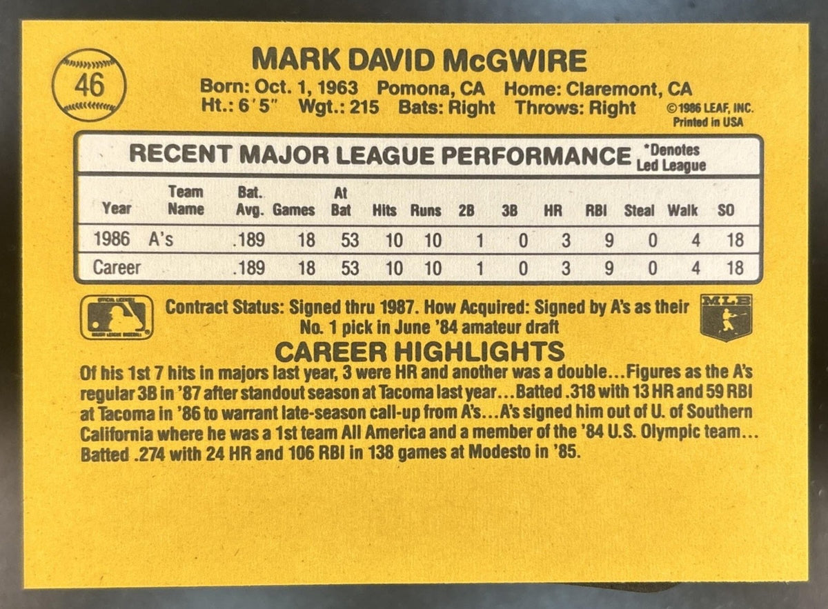 1987 Donruss Mark McGwire #46 RC Oakland Athletics