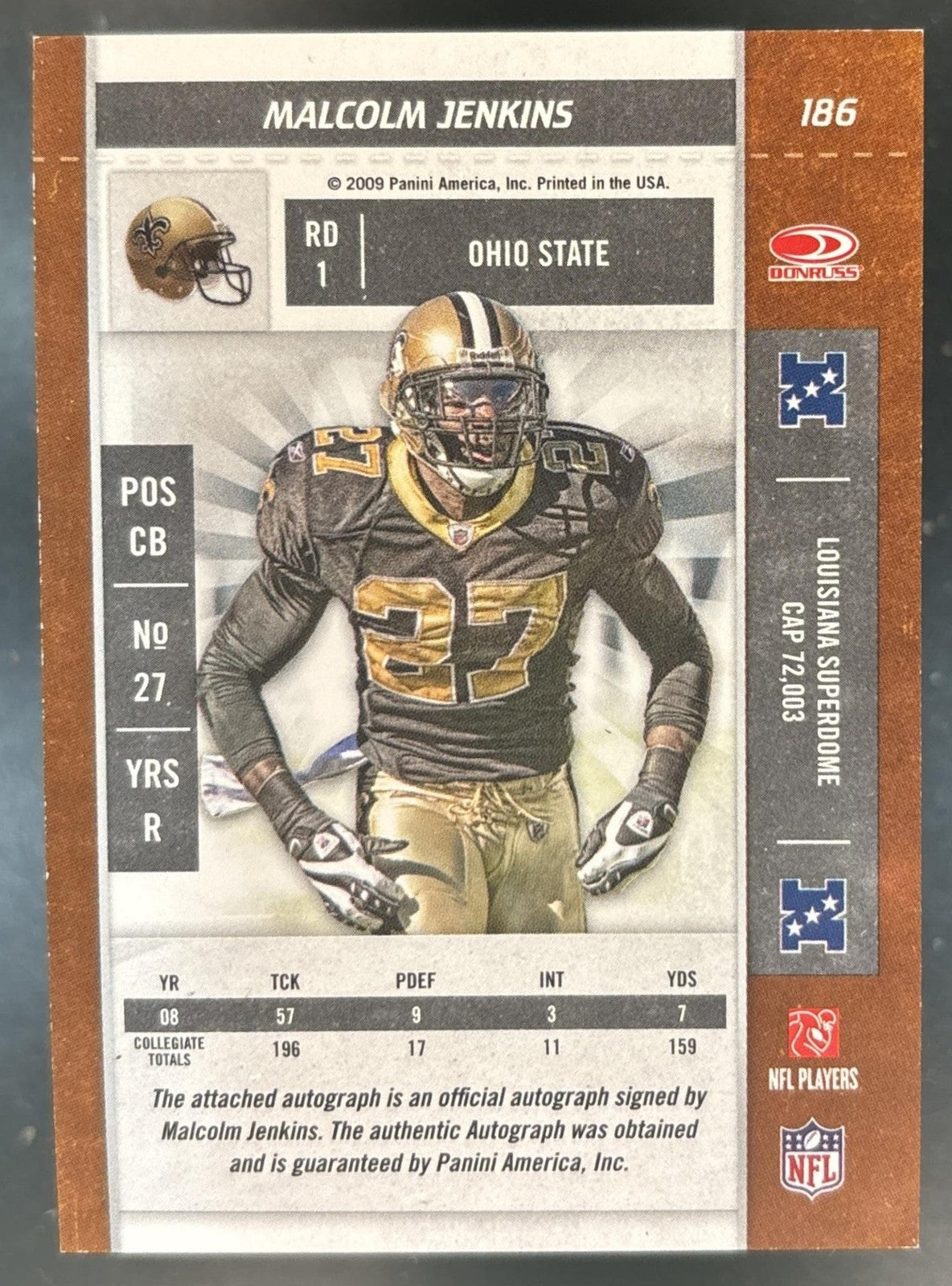 2009 Panini Playoff Contenders Malcolm Jenkins #186 RC Auto New Orleans Saints