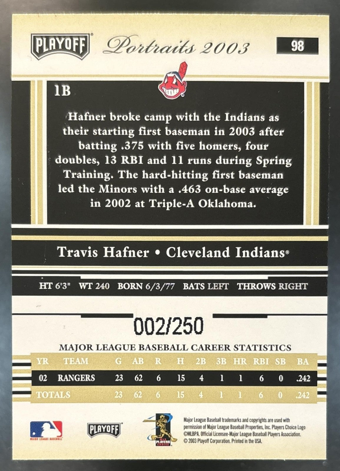 2003 Playoff Portraits Travis Hafner Beige /250 #98 Cleveland Indians