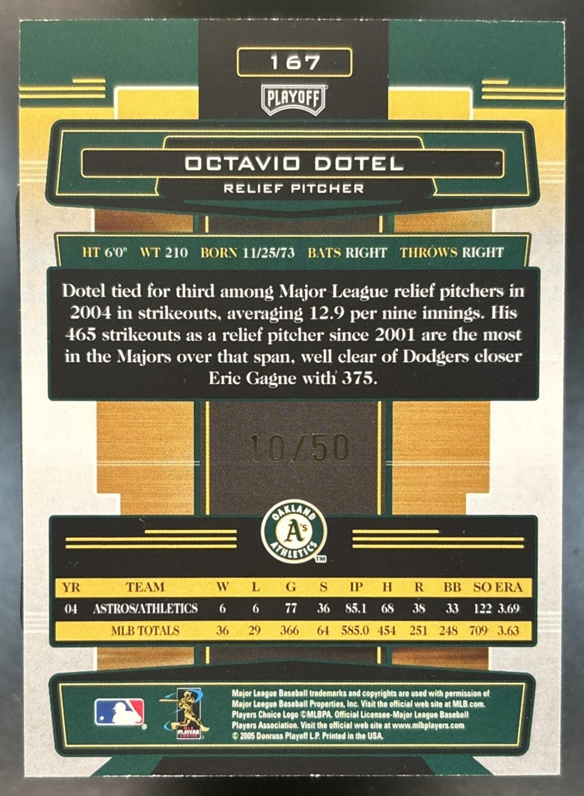 2005 Playoff Absolute Memorabilia Octavio Dotel Spectrum Gold /50 #167 Athletics