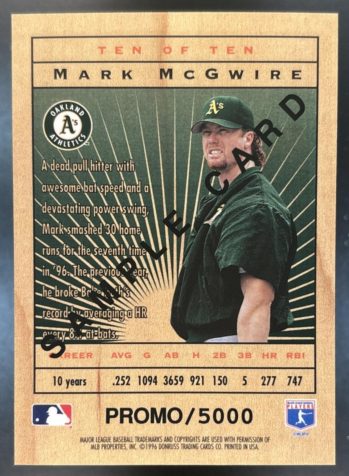 1996 Leaf Limited Mark McGwire Lumberjacks Sample /5000 #10 Oakland Athletics