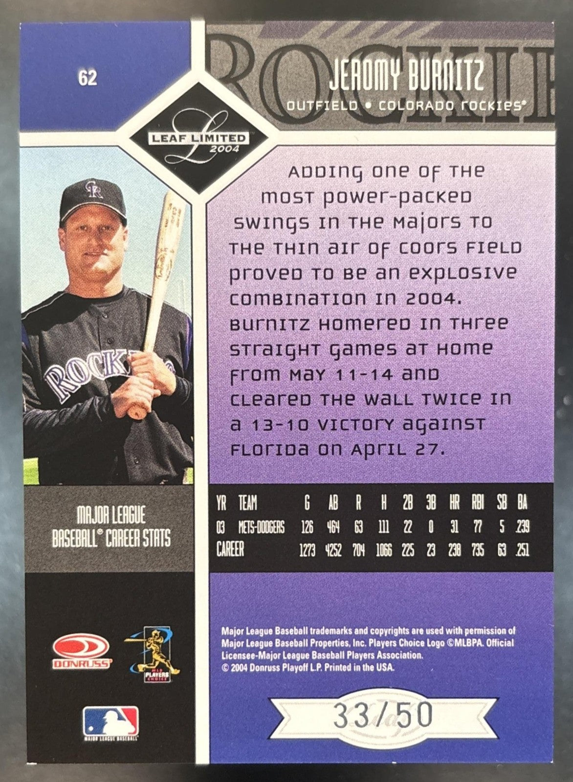 2004 Leaf Limited Jeromy Burnitz Silver Spotlight /50 #62 Colorado Rockies