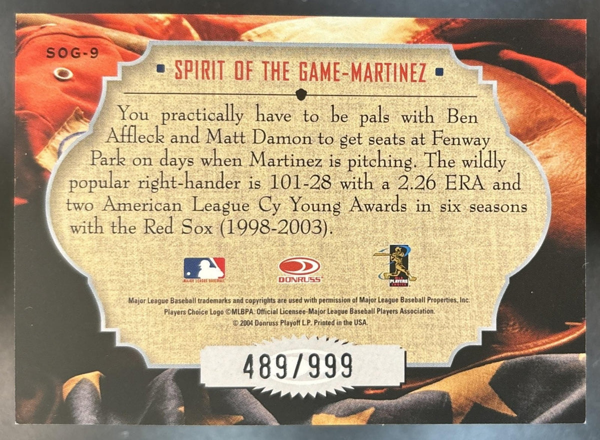 2004 Donruss Studio Pedro Martinez Spirit of the Game /999 #SOG-9 Boston Red Sox