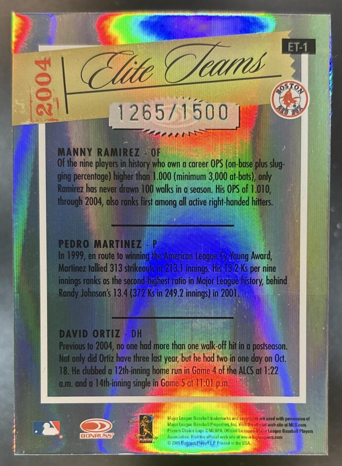 2005 Donruss Elite Manny Ramirez Pedro Martinez David Ortiz Teams /1500 Red Sox