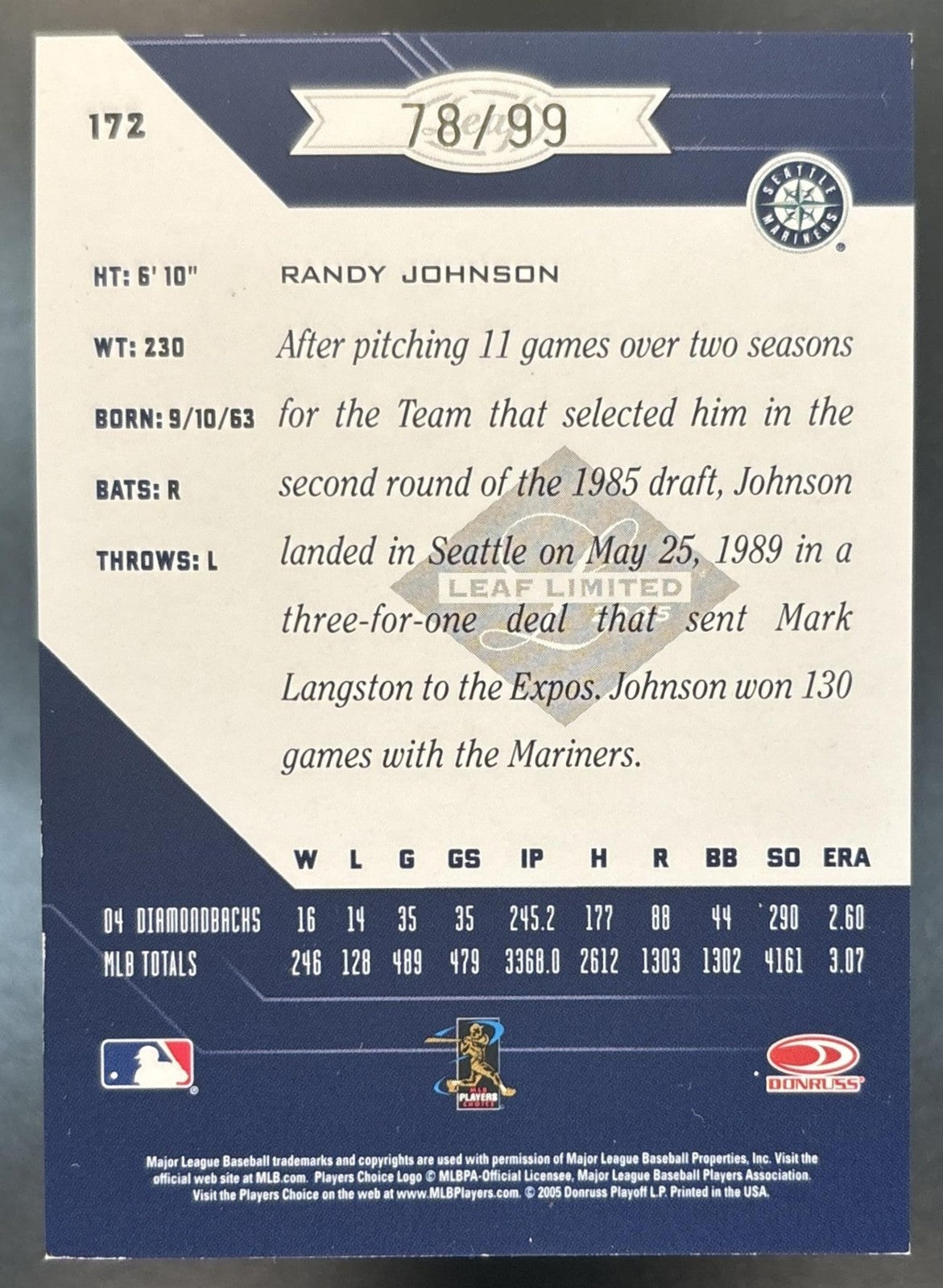 2005 Leaf Limited Randy Johnson Bronze Spotlight /99 #172 Seattle Mariners