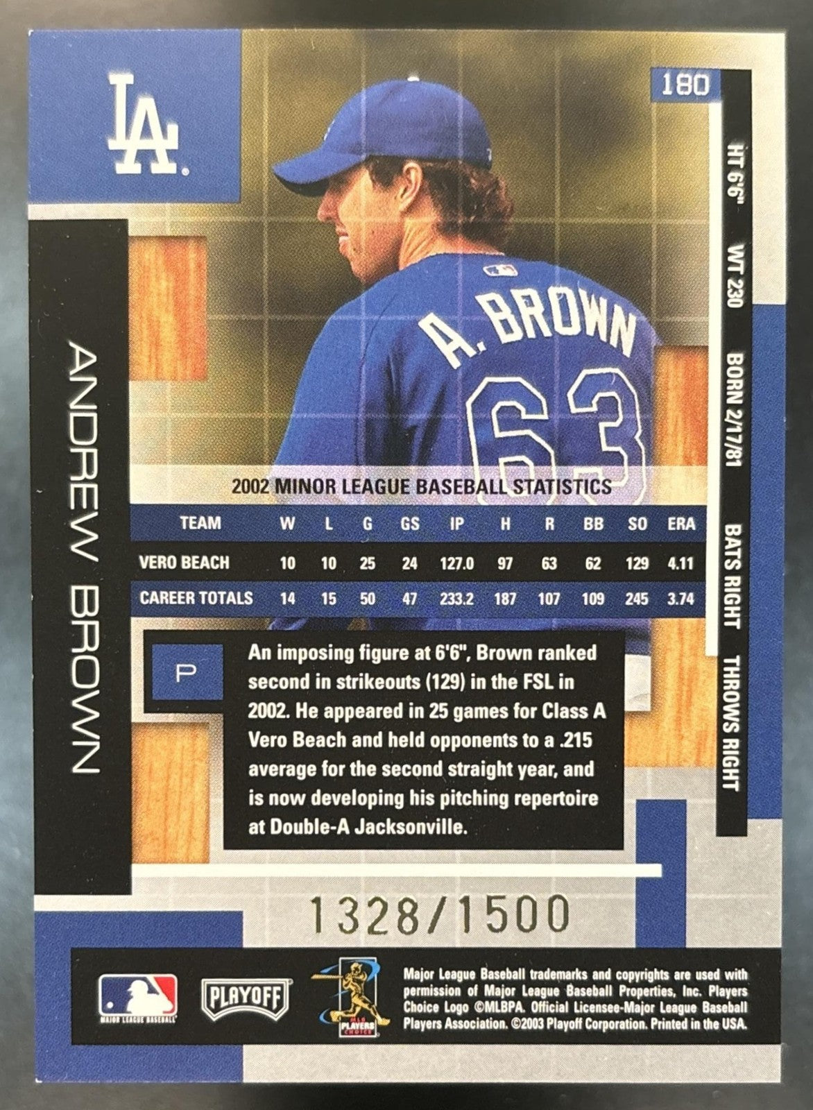 2003 Playoff Absolute Memorabilia Andrew Brown /1500 #180 RC Los Angeles Dodgers