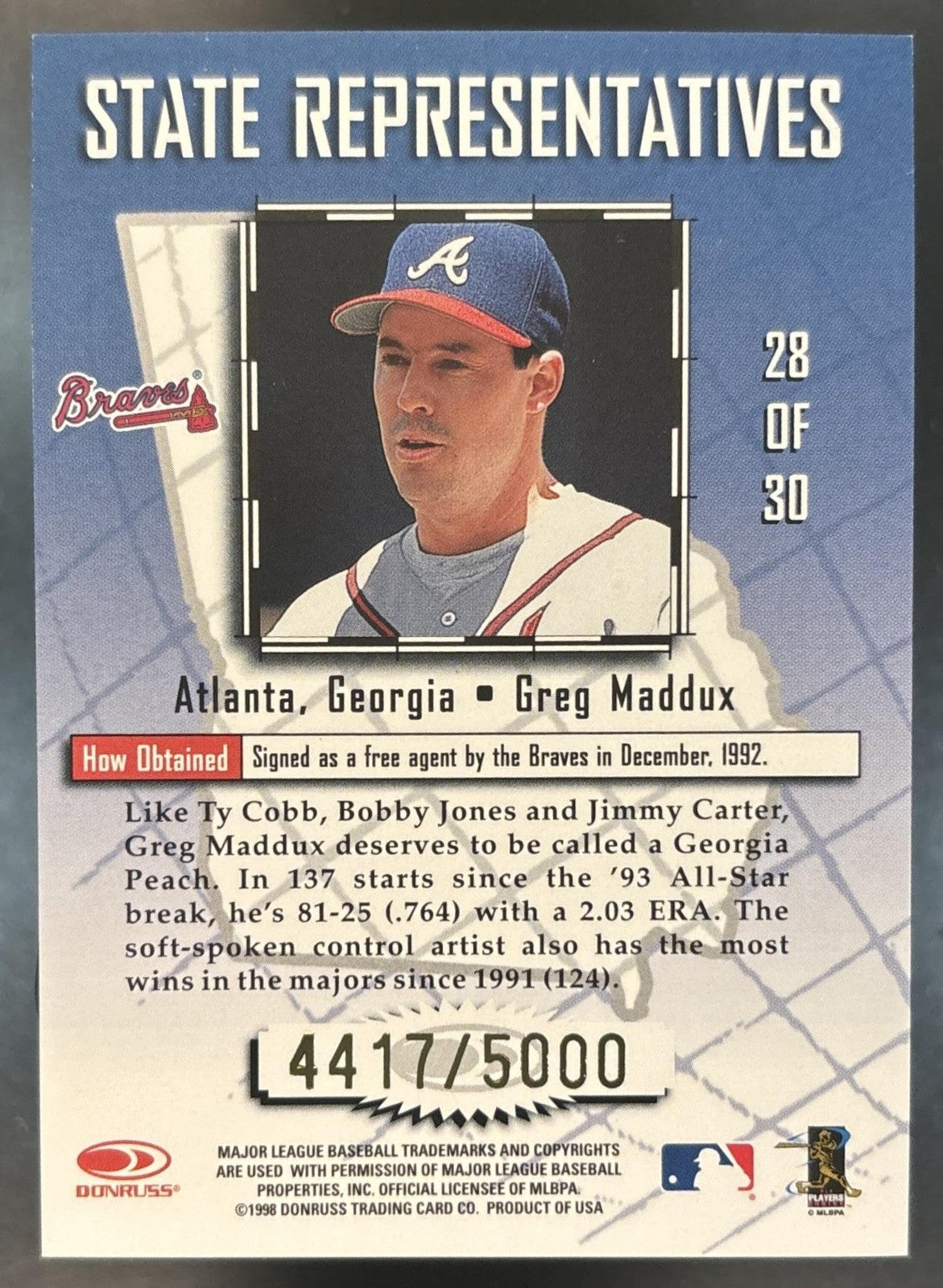 1998 Leaf Greg Maddux State Representatives /5000 #28 Atlanta Braves