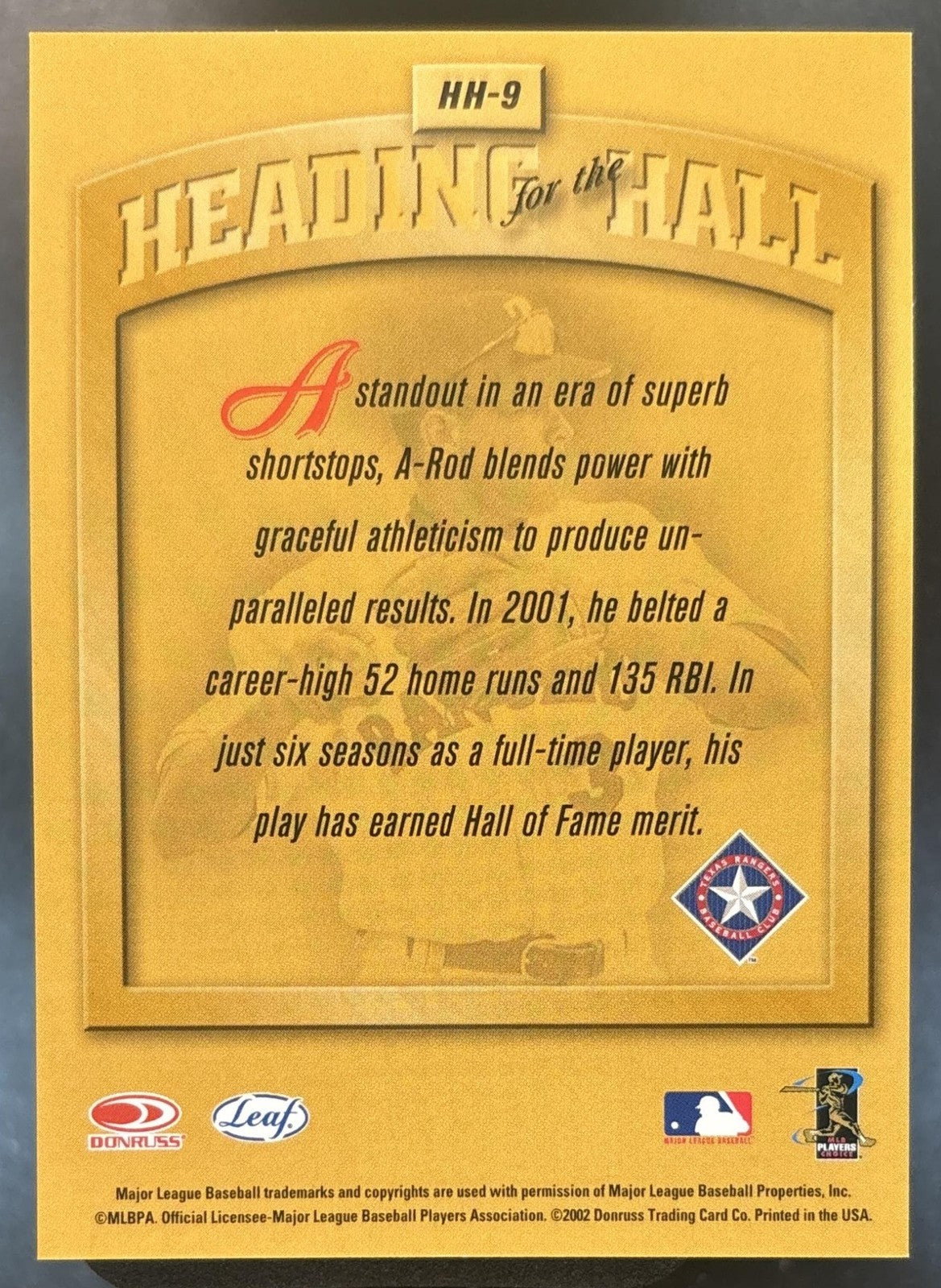 2002 Leaf Alex Rodriguez Heading for the Hall #HH-9 Texas Rangers