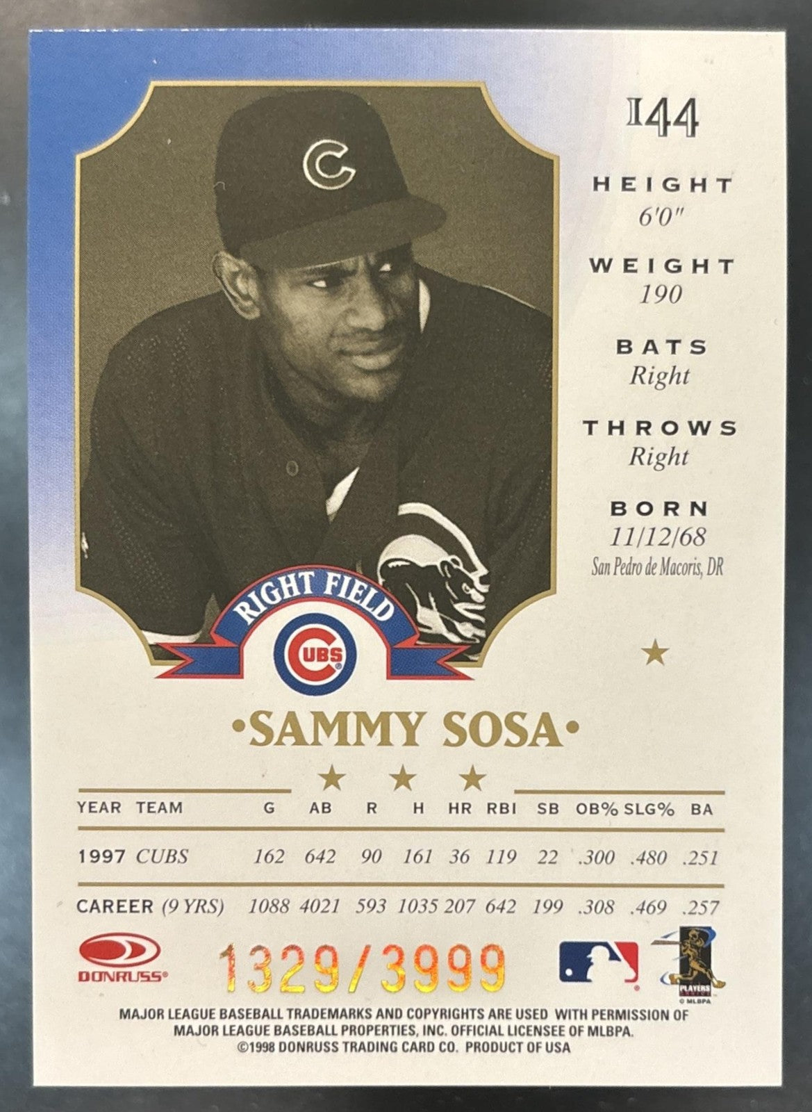 1998 Leaf Sammy Sosa Fractal Materials /3999 #144 Chicago Cubs