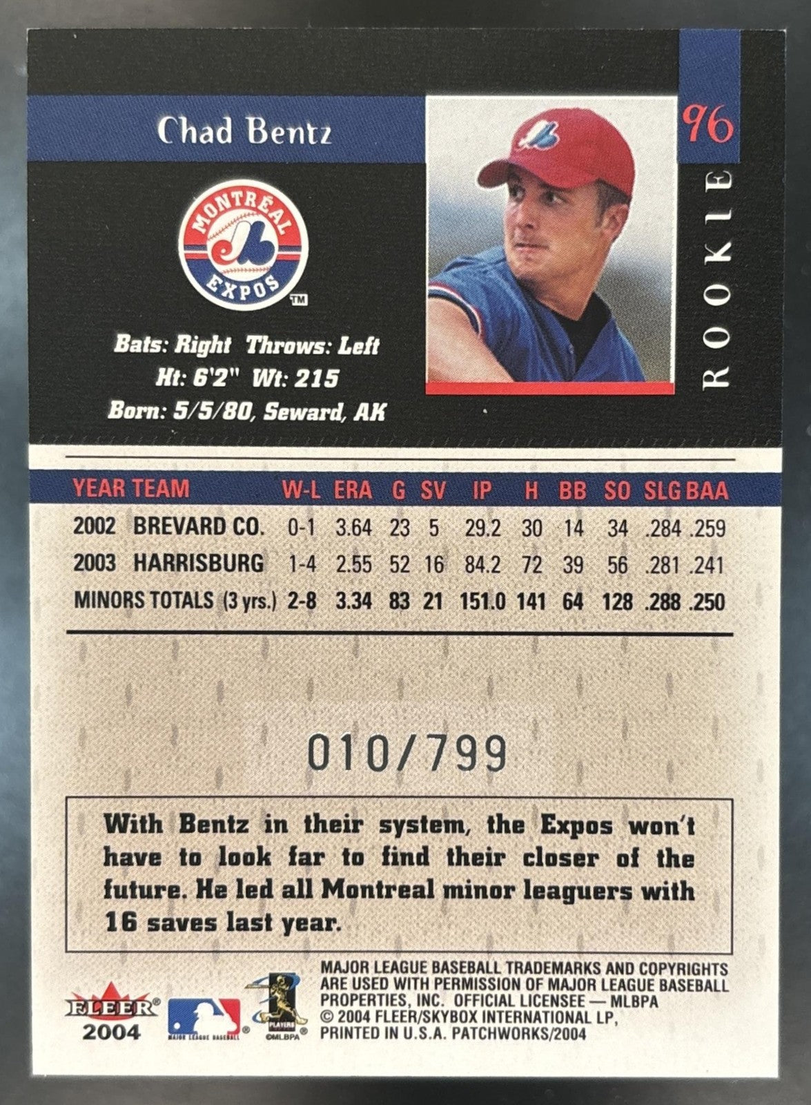 2004 Fleer Patchworks Chad Bentz /799 #96 RC Montreal Expos