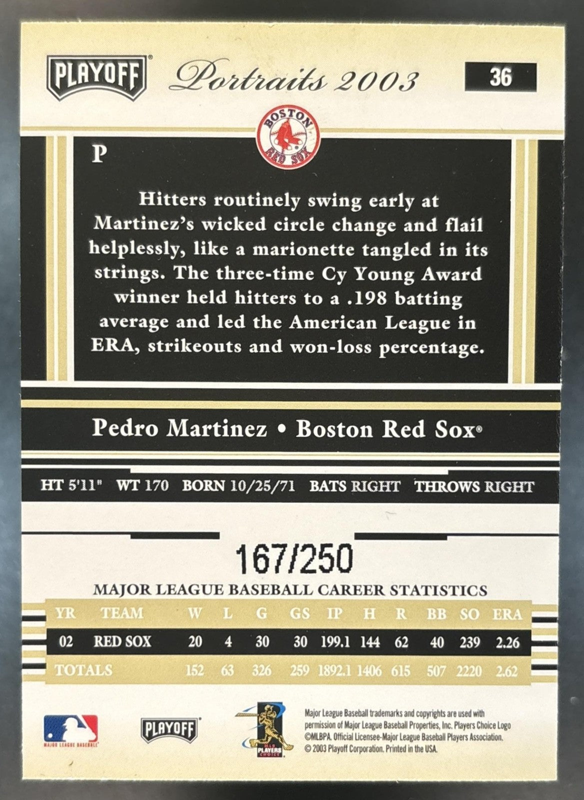 2003 Playoff Portraits Pedro Martinez Beige /250 #36 Boston Red Sox