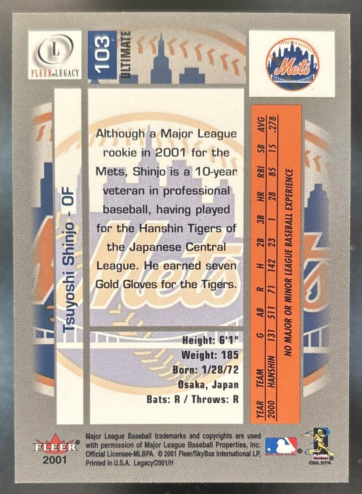 2001 Fleer Legacy Tsuyoshi Shinjo Ultimate /250 #103 RC New York Mets